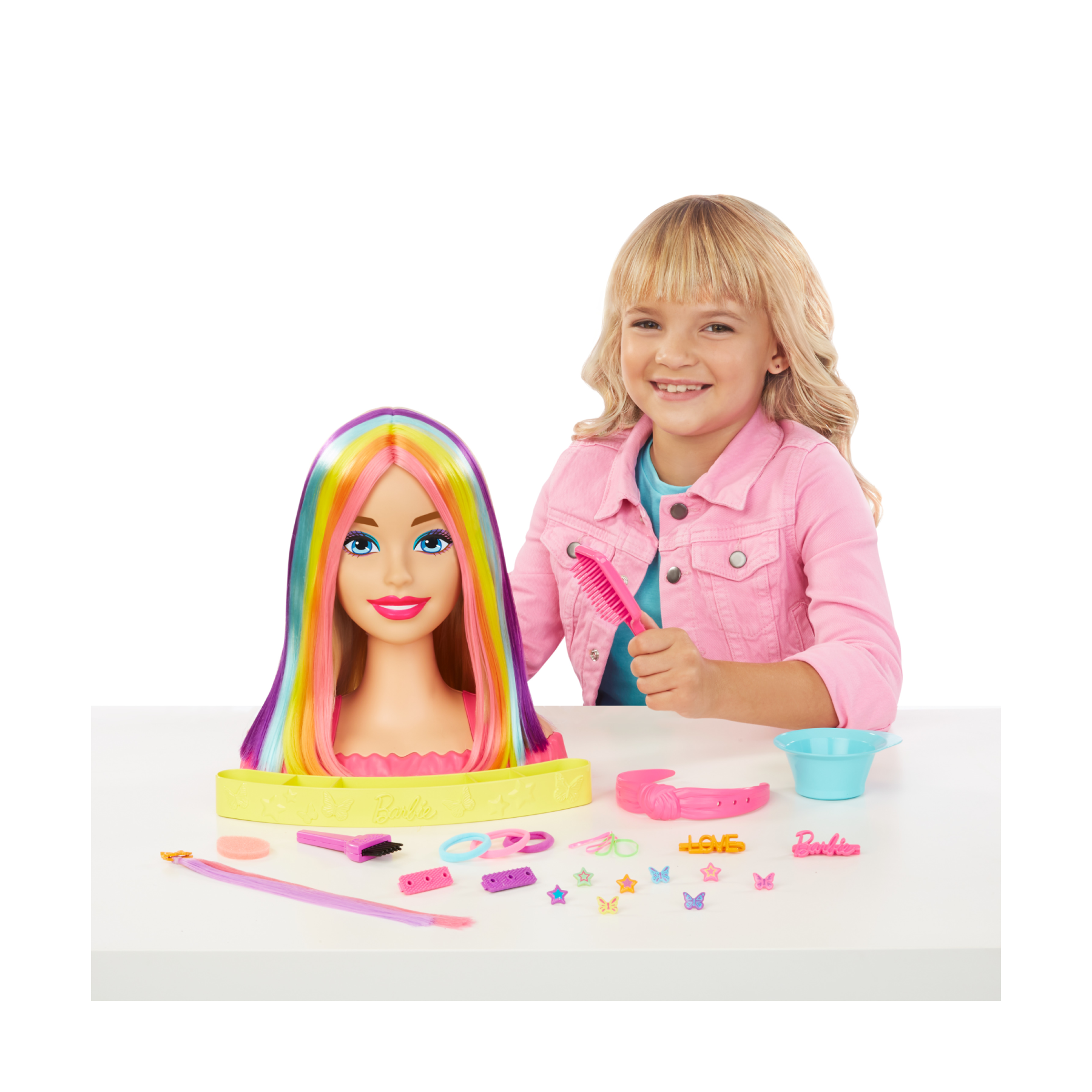 Barbie - super chioma hairstyle capelli arcobaleno, testa pettinabile con capelli biondi e ciocche arcobaleno fluo da acconciare, con accessori color reveal, 3+ anni, hmd78 - Barbie
