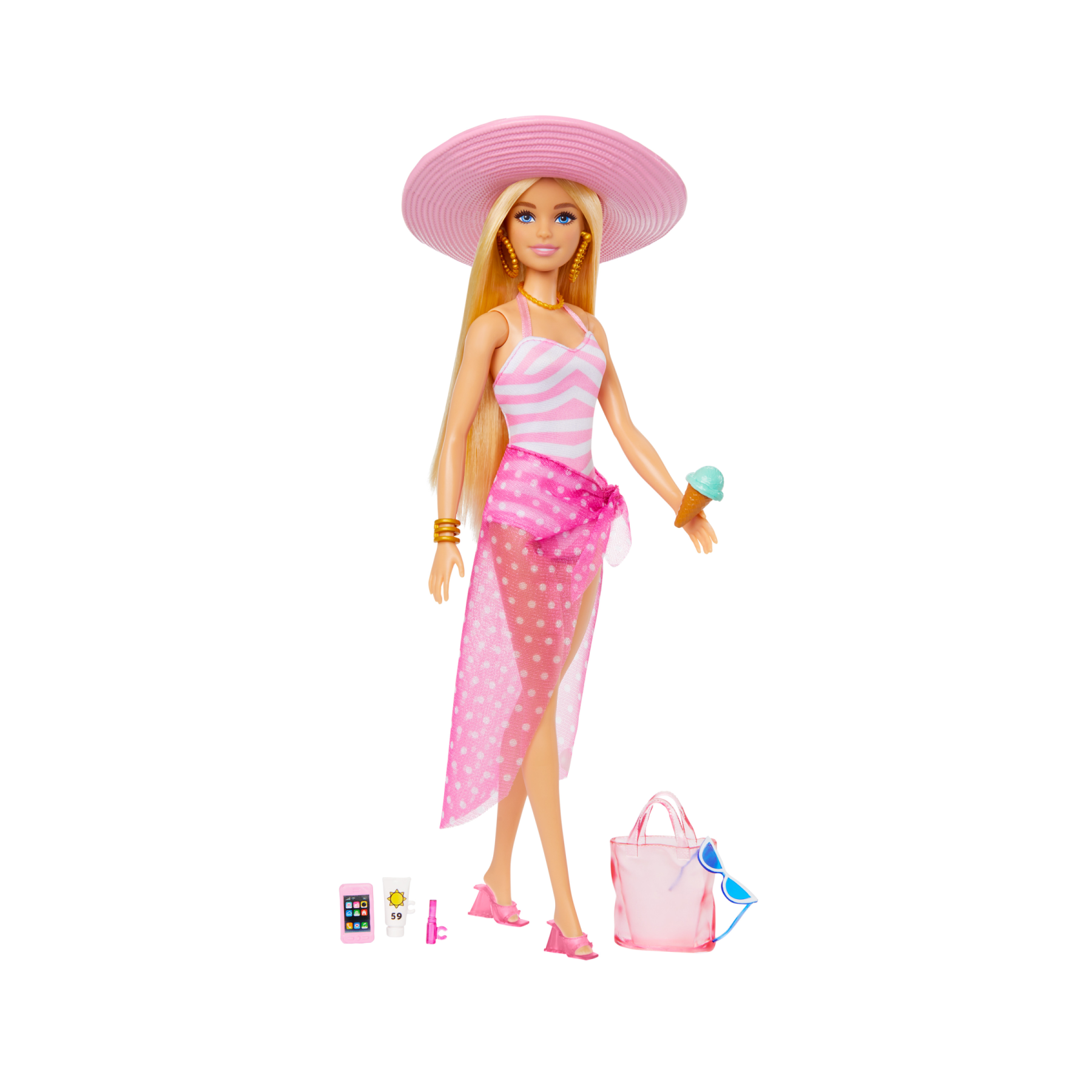 Barbie - bambola bionda con costume da bagno rosa e bianco, pareo a pois, cappello da sole, tote bag e tanti accessori da spiaggia, 3+ anni, hpl73 - Barbie