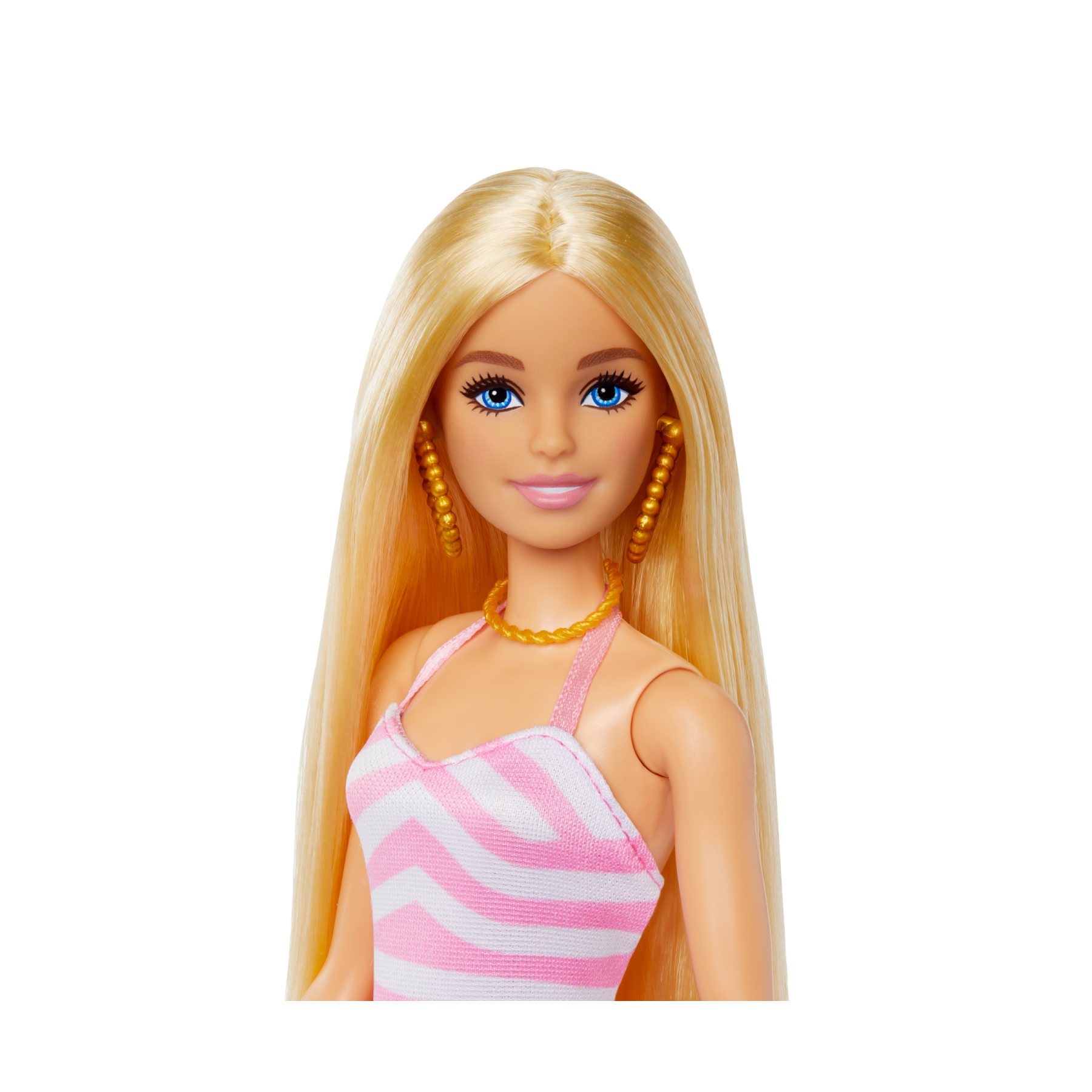 Barbie - bambola bionda con costume da bagno rosa e bianco, pareo a pois, cappello da sole, tote bag e tanti accessori da spiaggia, 3+ anni, hpl73 - Barbie