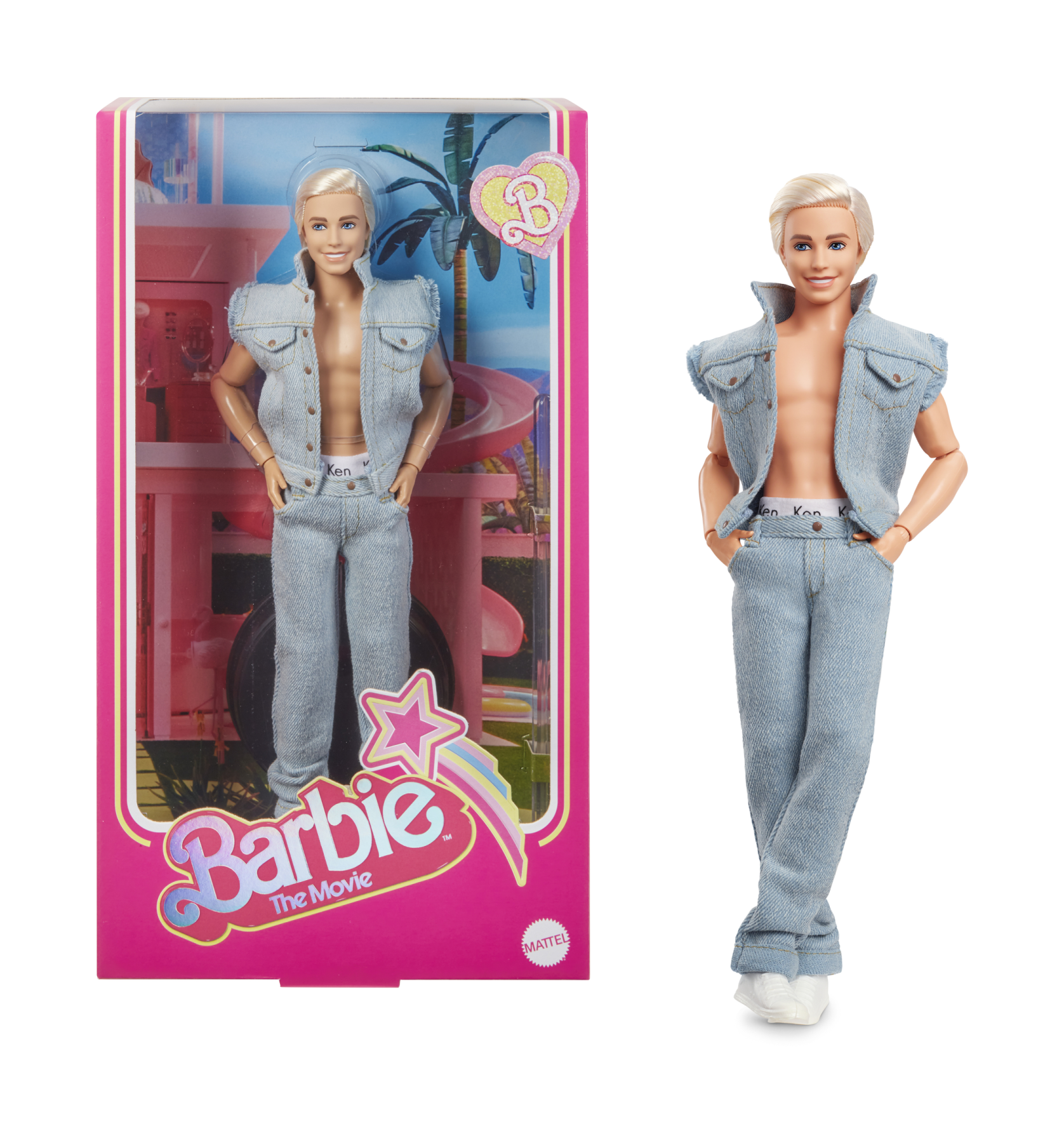 Barbie the movie - ken, bambola del film barbie da collezione con completo di jeans coordinato e boxer originale di ken, 3+ anni, hrf27 - Barbie