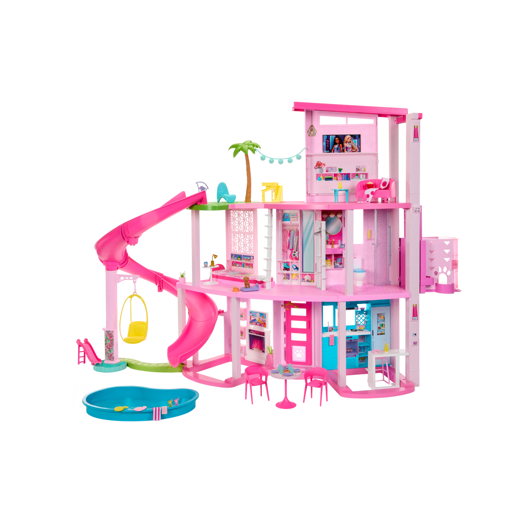 Barbie - casa dei sogni di barbie, playset casa delle bambole con piscina,  scivolo a 3 piani, ascensore e aree di gioco per cuccioli, 75+ accessori,  3+ anni, hmx10 - Toys Center