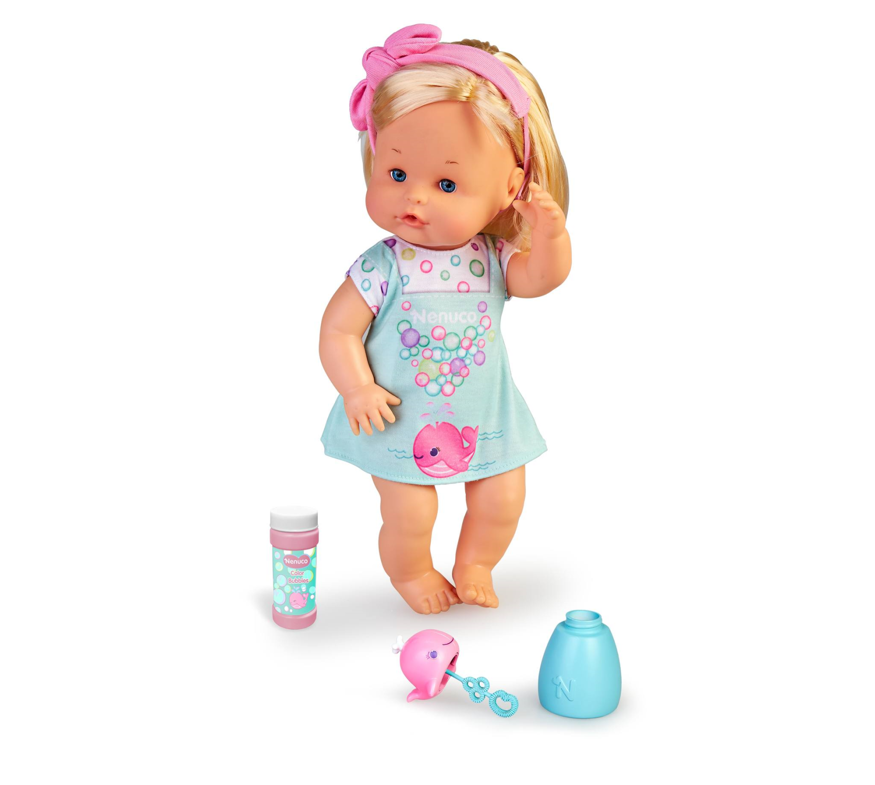 Nenuco bolle, bambola nenuco 35 cm corpo rigido, con capelli biondi, soffia e fa bolle di sapone vere. - NENUCO