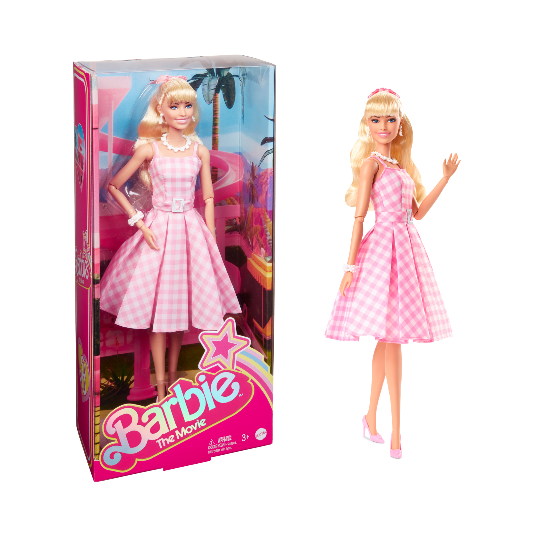 Barbie the movie - margot robbie, bambola del film barbie da collezione con abito vintage a quadretti rosa e bianco e collana con margherita, 3+ anni, hpj96 - Barbie