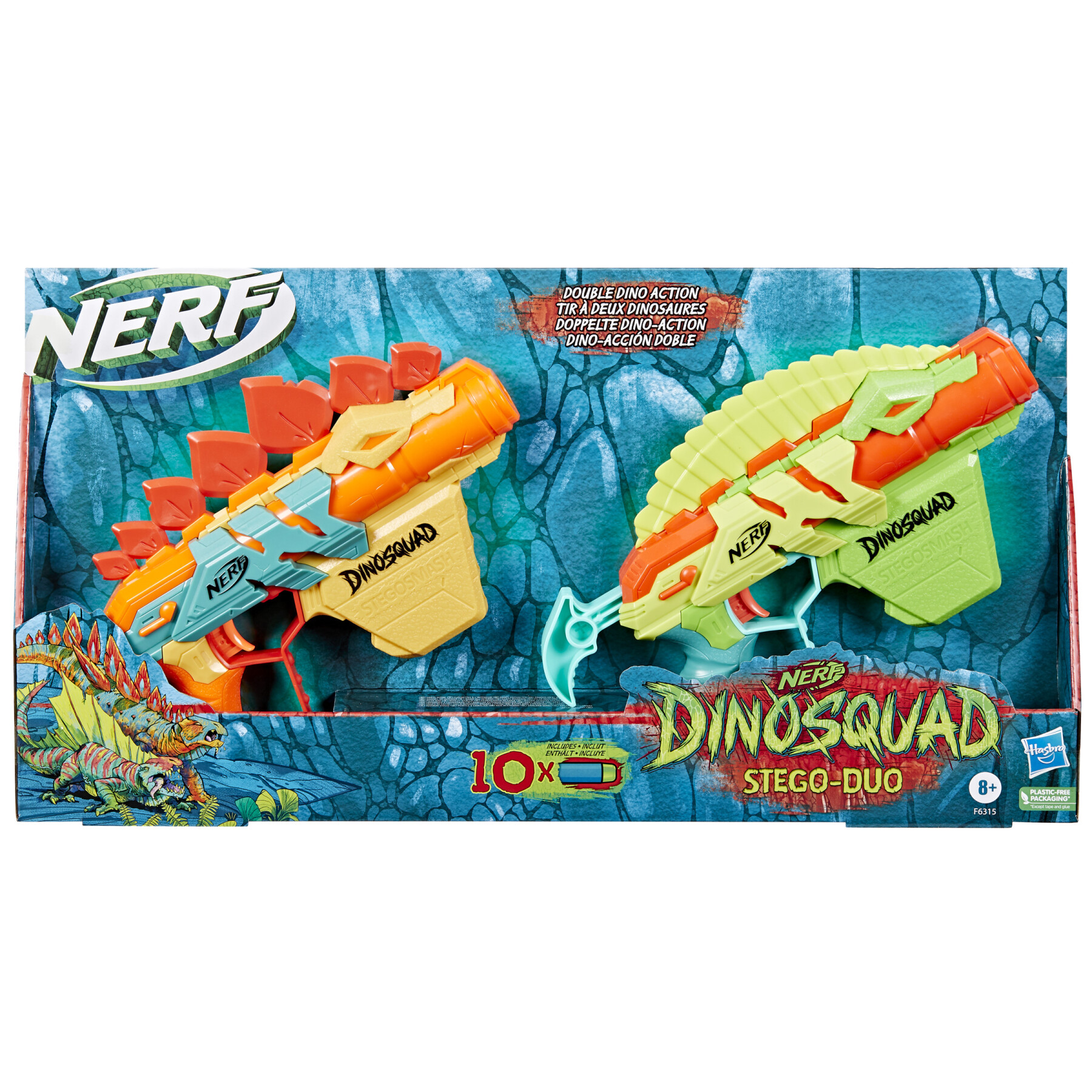 Nerf, dinosquad - stego-duo, 2 blaster, 10 dardi nerf elite 2.0, 2 design a forma di stegosauro, blaster nerf in gommapiuma per giochi all'aperto di bambini e bambine - NERF