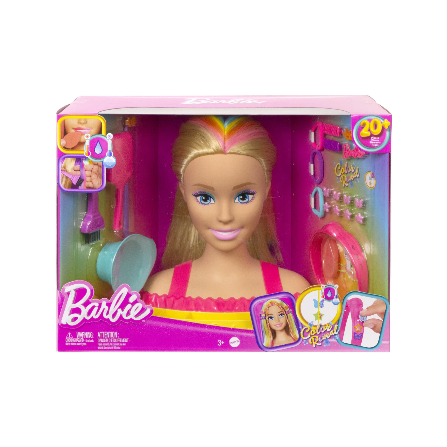 Barbie - super chioma hairstyle capelli arcobaleno, testa pettinabile con capelli biondi e ciocche arcobaleno fluo da acconciare, con accessori color reveal, 3+ anni, hmd78 - Barbie