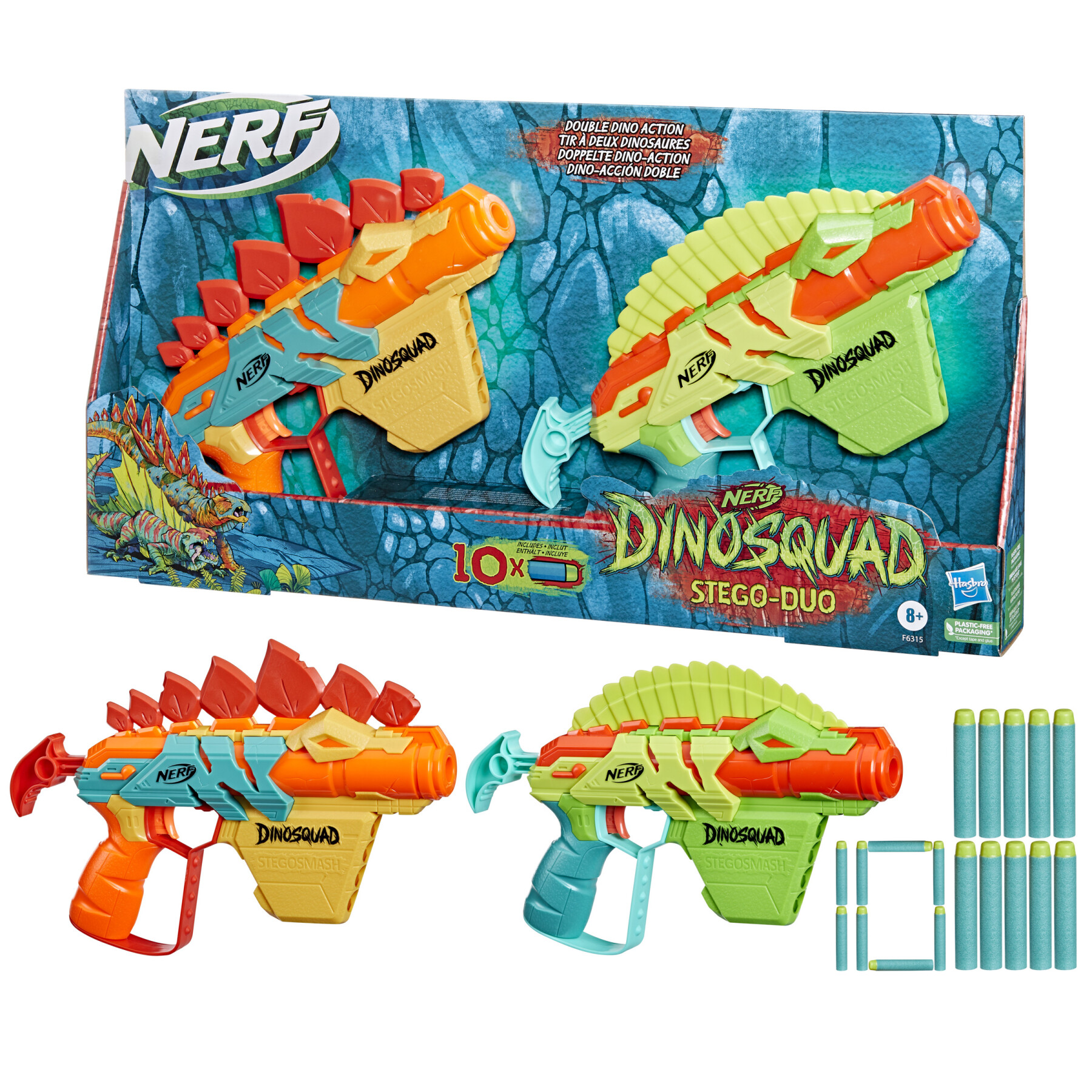 Nerf, dinosquad - stego-duo, 2 blaster, 10 dardi nerf elite 2.0, 2 design a forma di stegosauro, blaster nerf in gommapiuma per giochi all'aperto di bambini e bambine - NERF