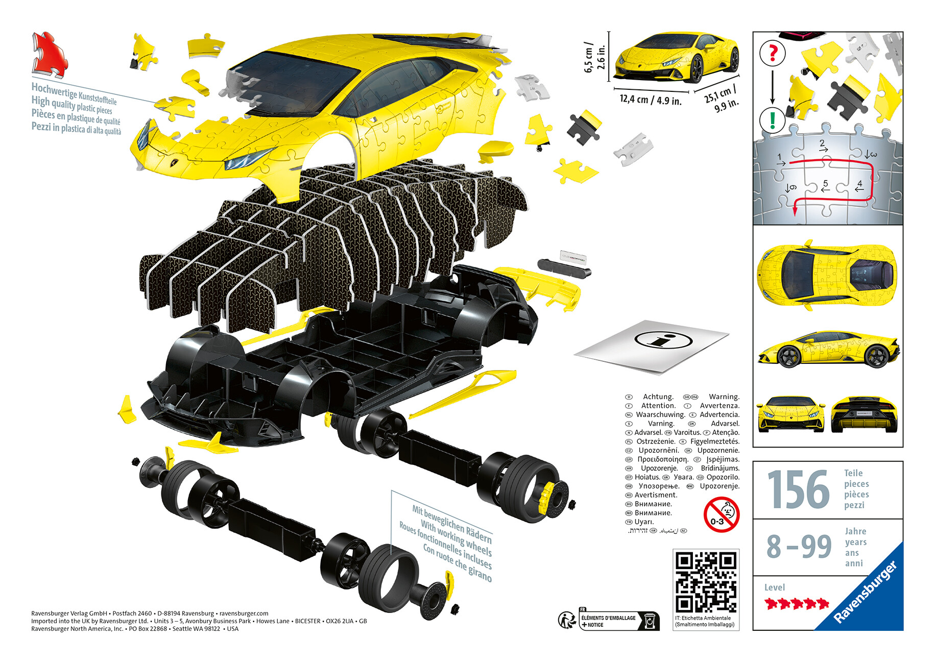 Ravensburger - 3d puzzle lamborghini huracán evo gialla, 108 pezzi, 8+ anni - RAVENSBURGER 3D PUZZLE