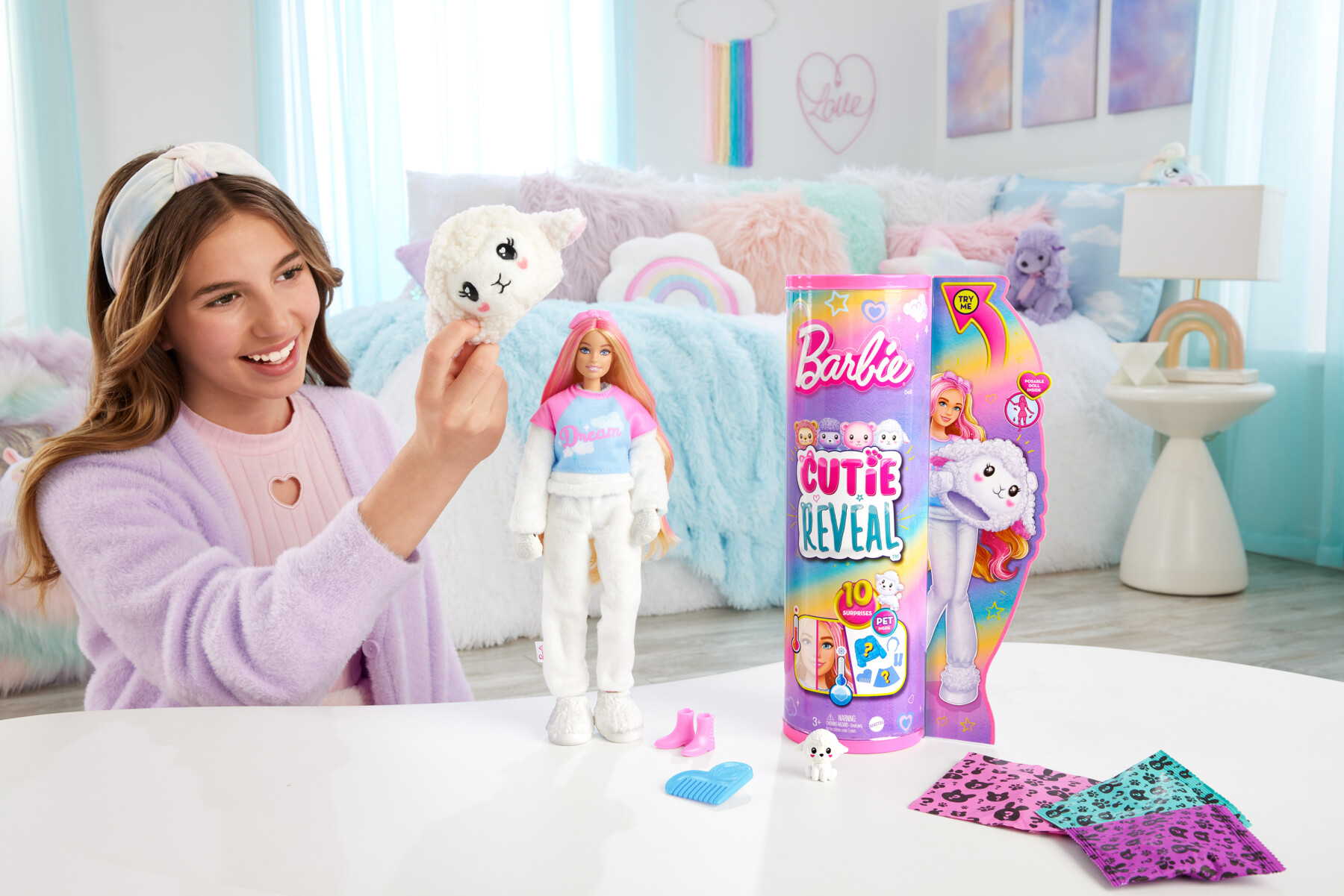 Barbie cutie reveal serie pigiamini, costume da agnellino di peluche - Barbie