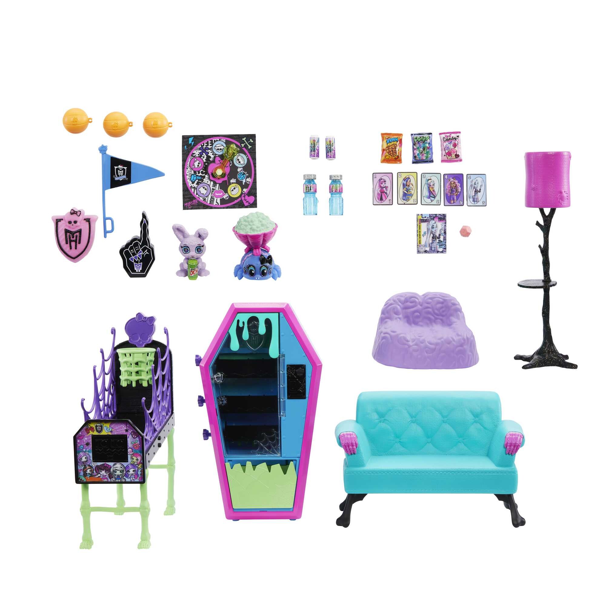 Monster high playset salone degli studenti con mobili, accessori a tema, 2 animali domestici e distributore automatico funzionante - Monster High