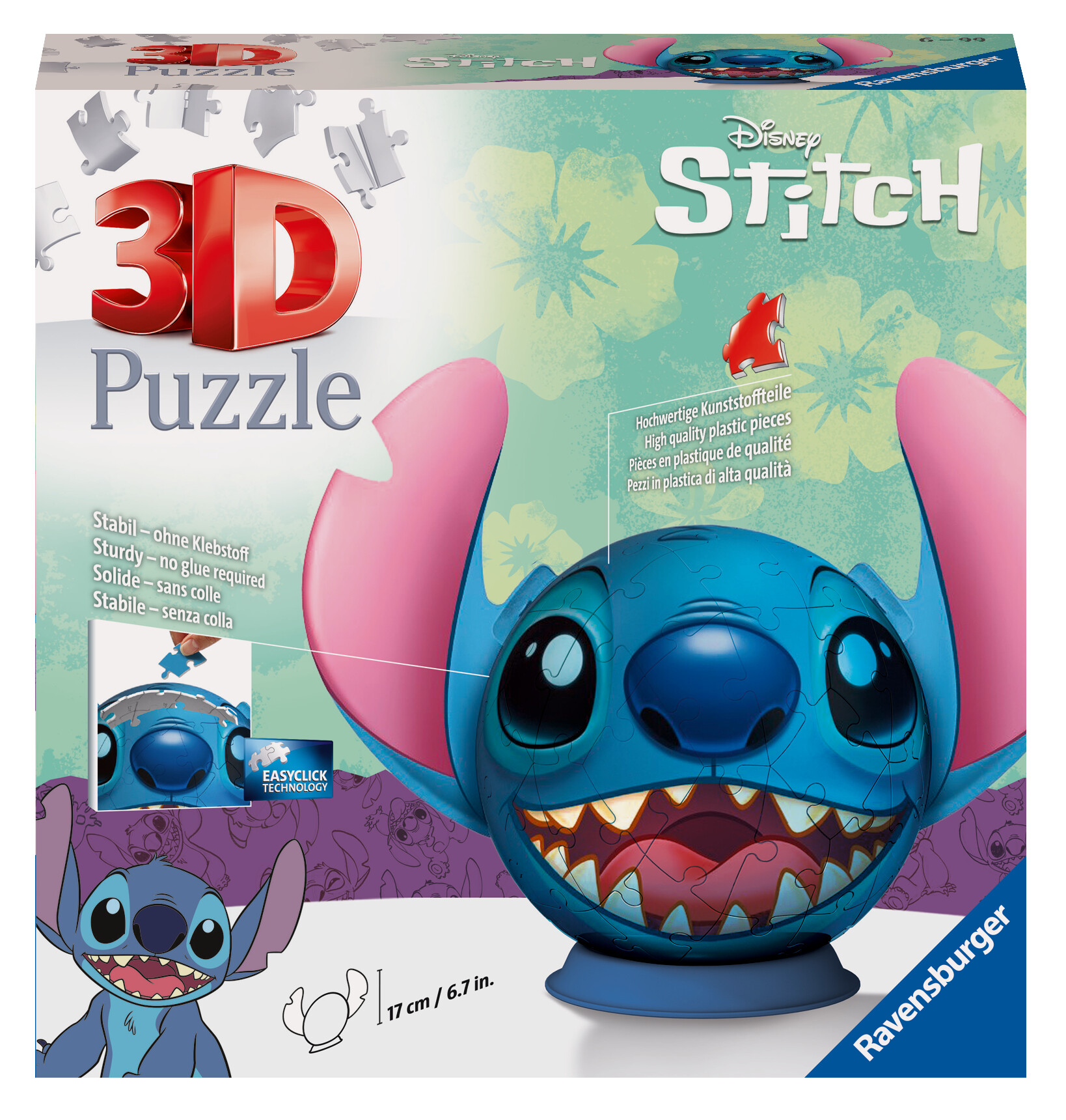 Ravensburger - 3d puzzle stitch con le orecchie, 72 pezzi, 6+ anni - RAVENSBURGER 3D PUZZLE, Disney Stitch