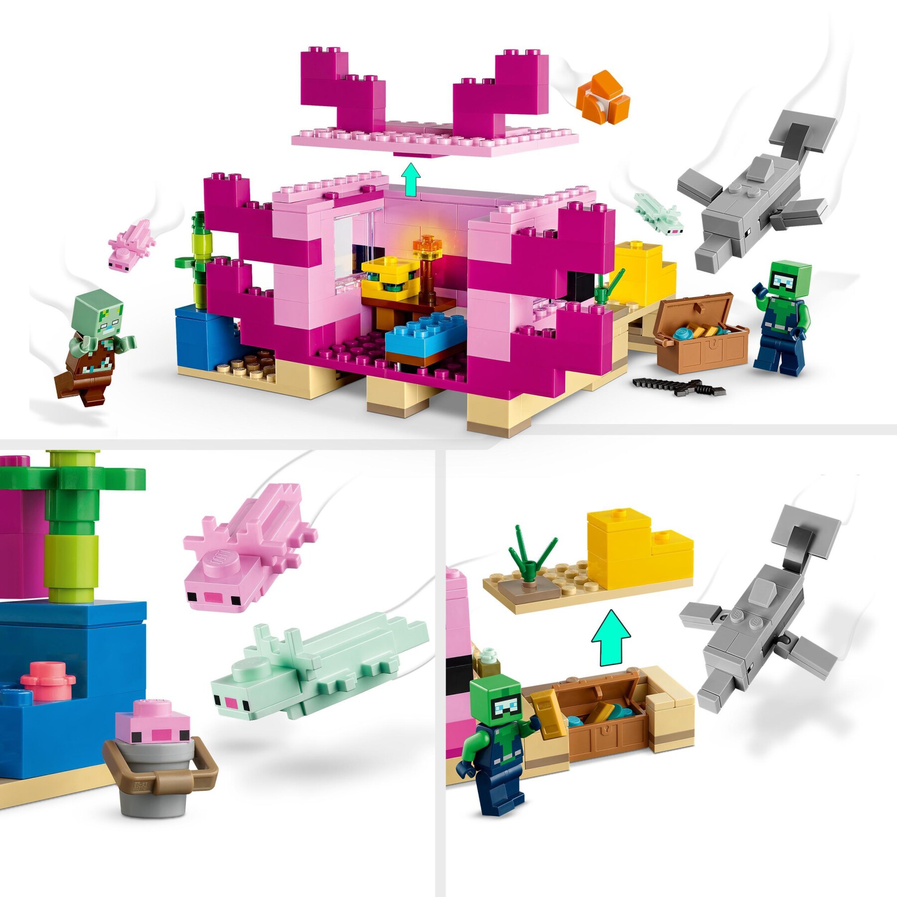 Lego minecraft 21247 la casa dell’axolotl, base subacquea rosa con esploratore subacqueo, zombie, per bambini da 7 anni - MINECRAFT