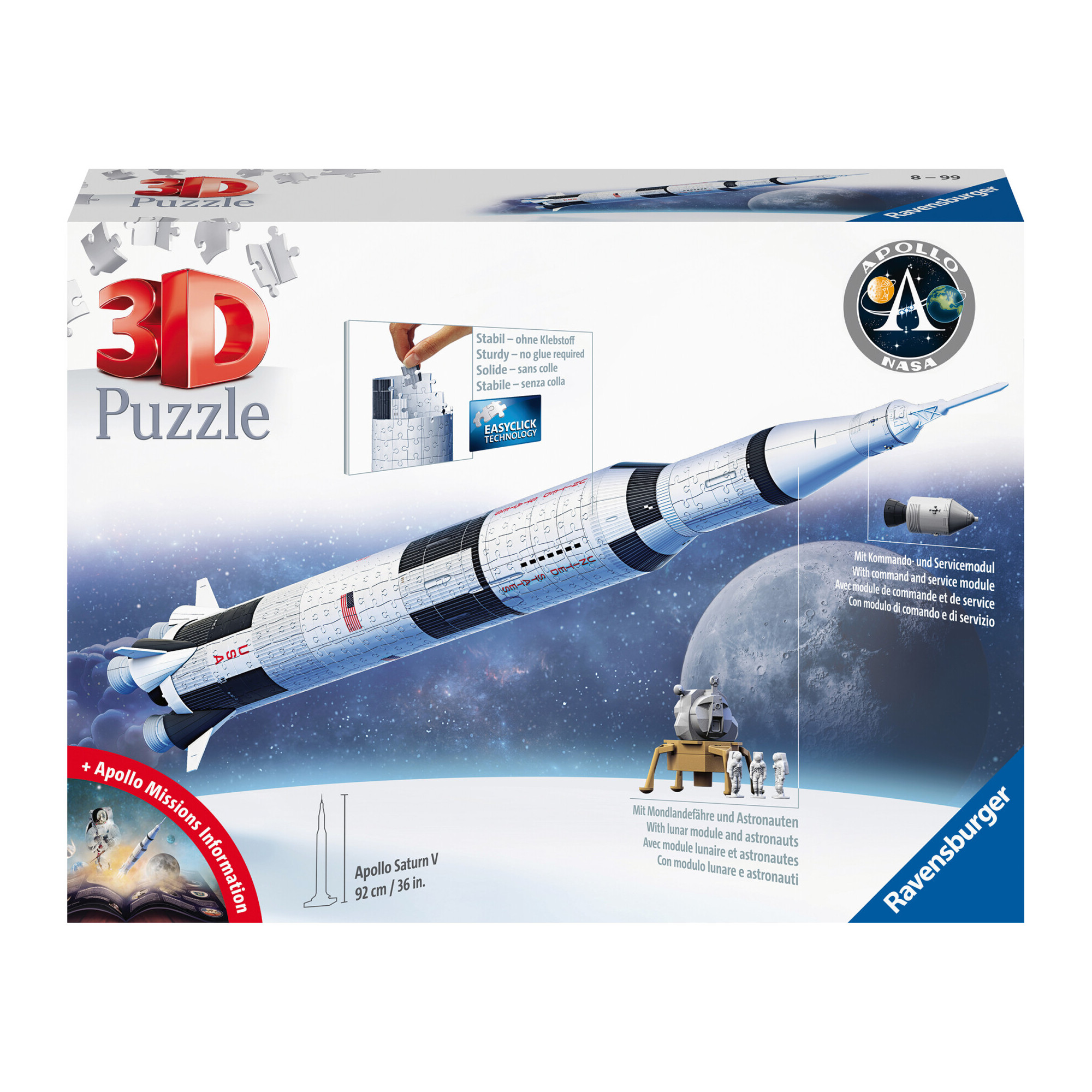 Ravensburger - 3d puzzle apollo saturn v rocket, razzo spaziale, 440 pezzi, 8+ anni - RAVENSBURGER, RAVENSBURGER 3D PUZZLE