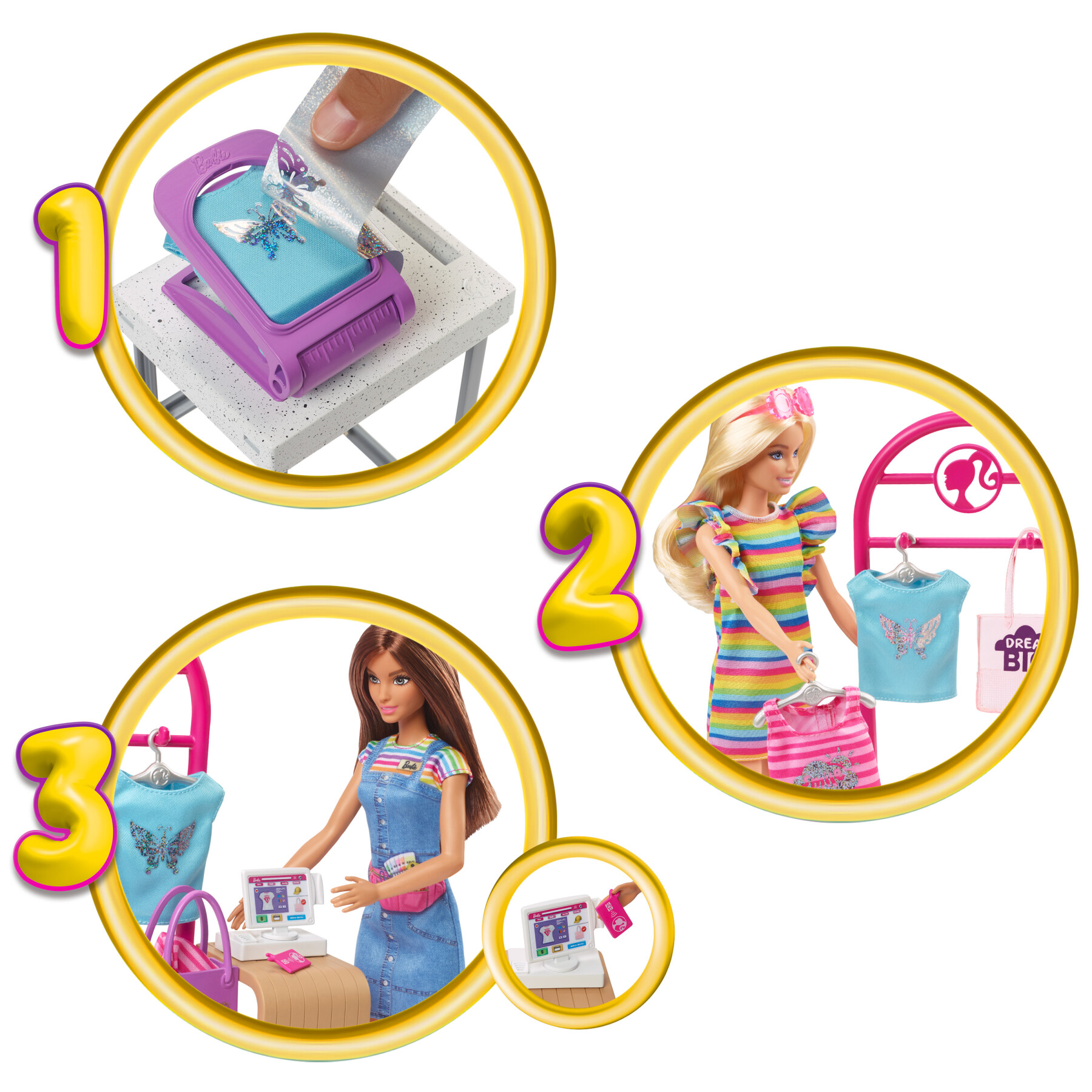 Playset barbie make & sell boutique, bambola con capelli castani, strumenti per fogli in alluminio, abiti e accessori - Barbie