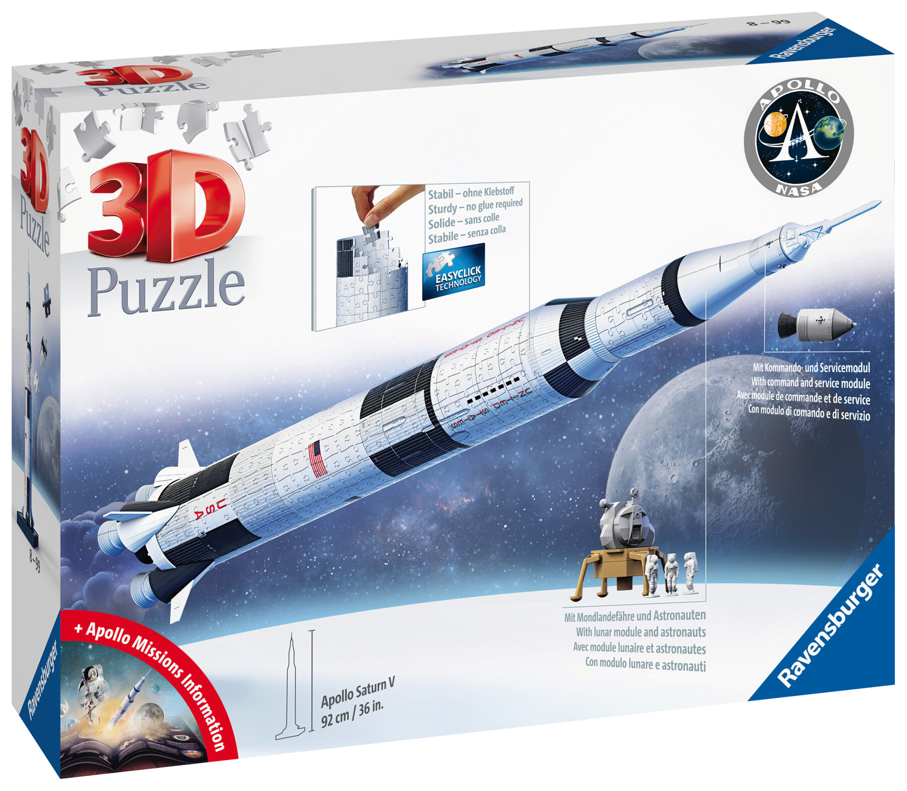 Ravensburger - 3d puzzle apollo saturn v rocket, razzo spaziale, 440 pezzi, 8+ anni - RAVENSBURGER 3D PUZZLE