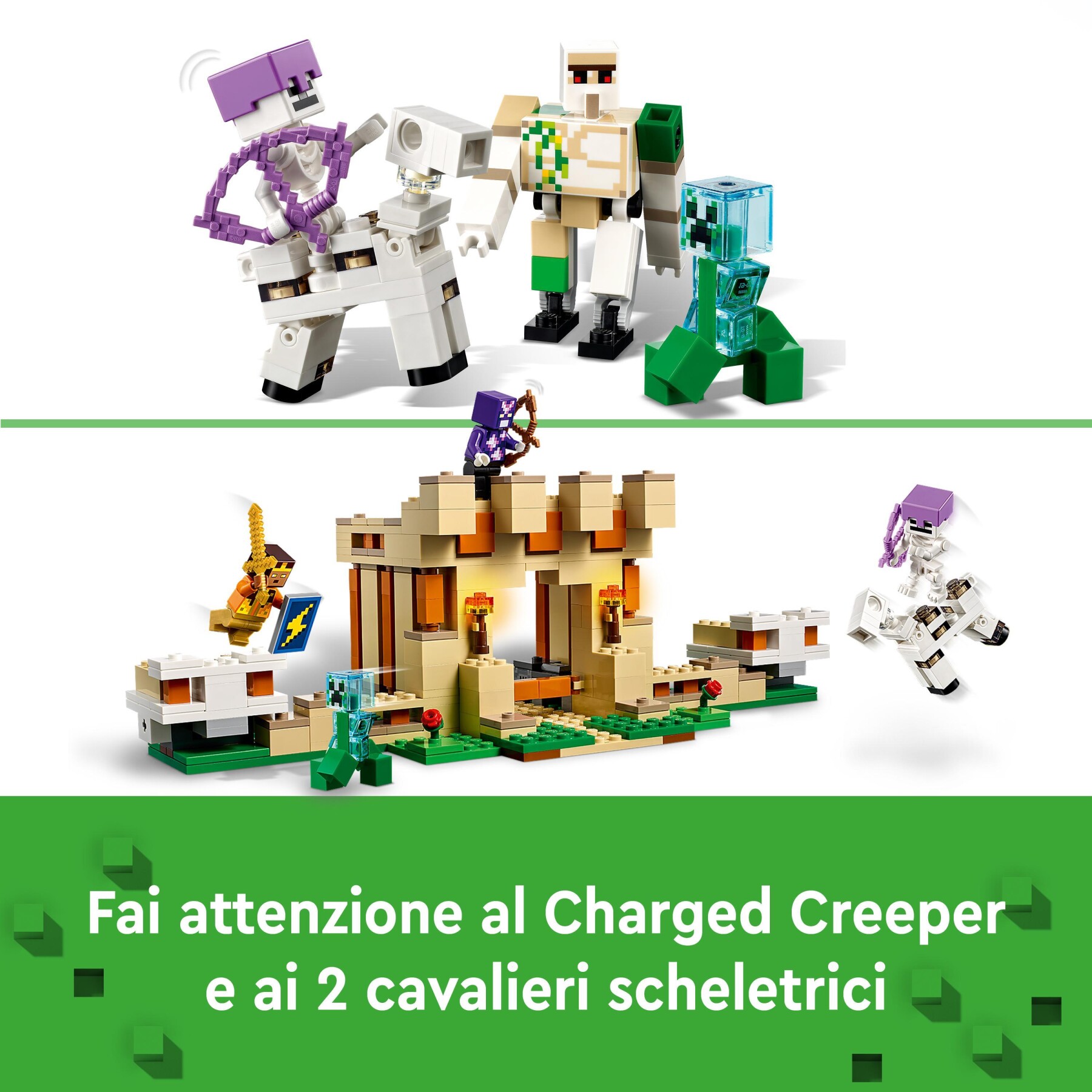 Lego 21250 minecraft la fortezza del golem di ferro, castello giocattolo costruibile che si trasforma in action figure, con 7 personaggi - MINECRAFT