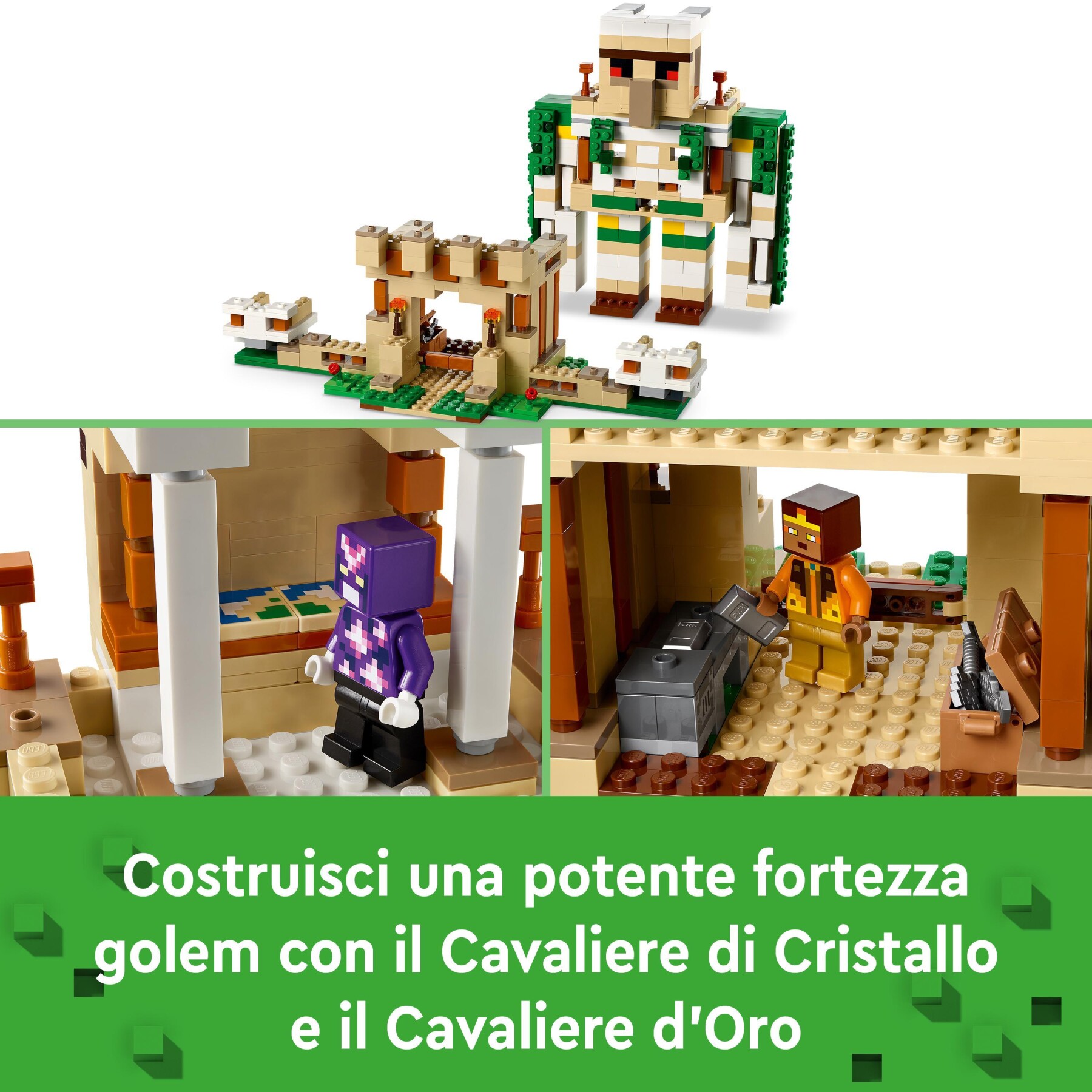 Lego 21250 minecraft la fortezza del golem di ferro, castello giocattolo costruibile che si trasforma in action figure, con 7 personaggi - MINECRAFT
