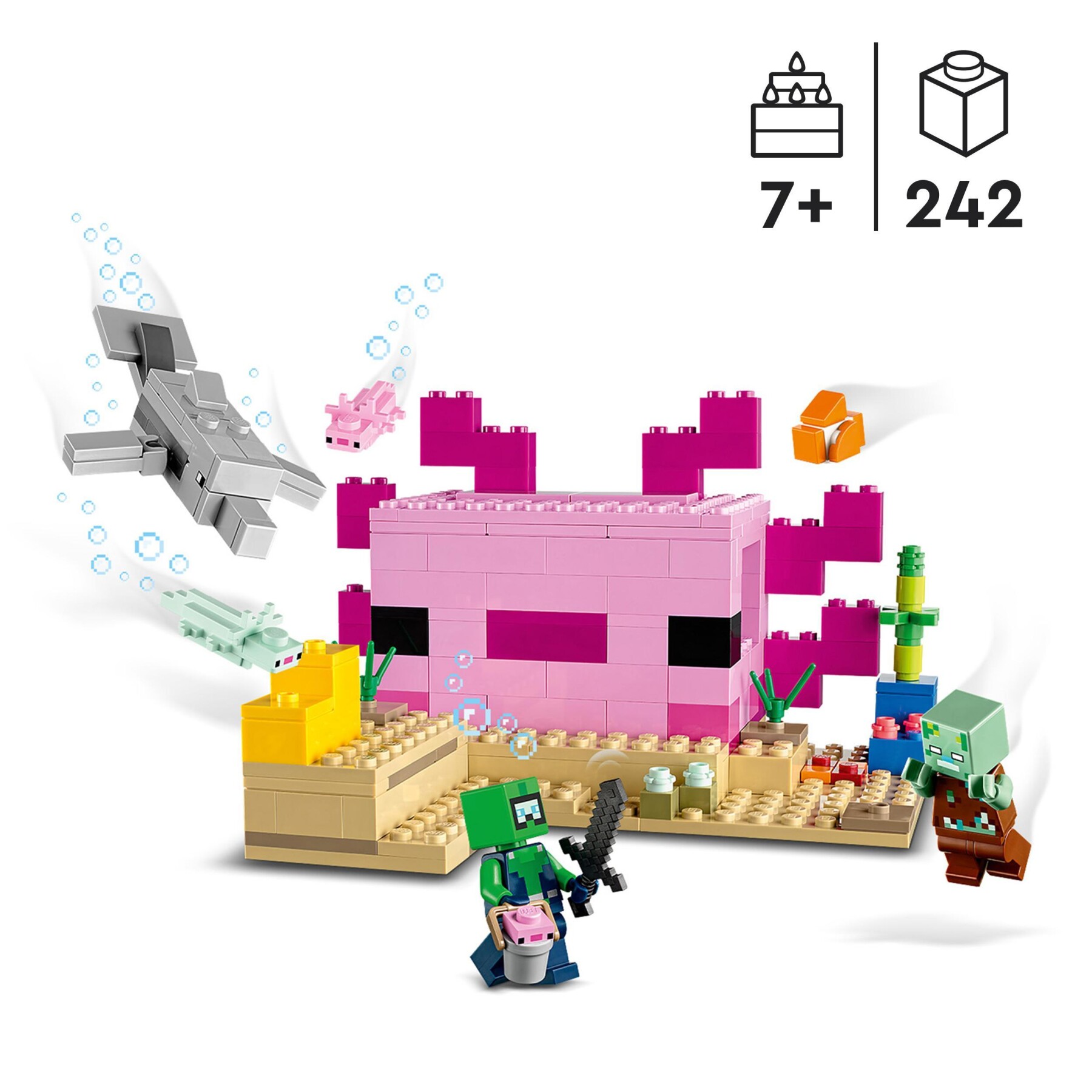 Lego minecraft 21247 la casa dell’axolotl, base subacquea rosa con esploratore subacqueo, zombie, per bambini da 7 anni - MINECRAFT