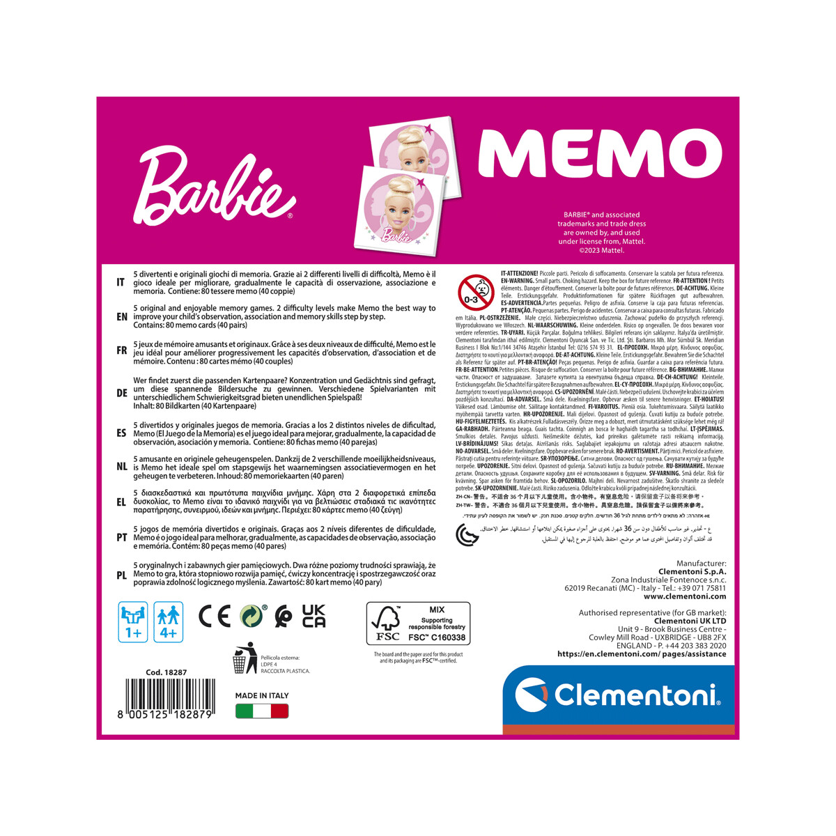 Clementoni - 18287 - memo barbie con 80 tessere illustrate - CLEMENTONI