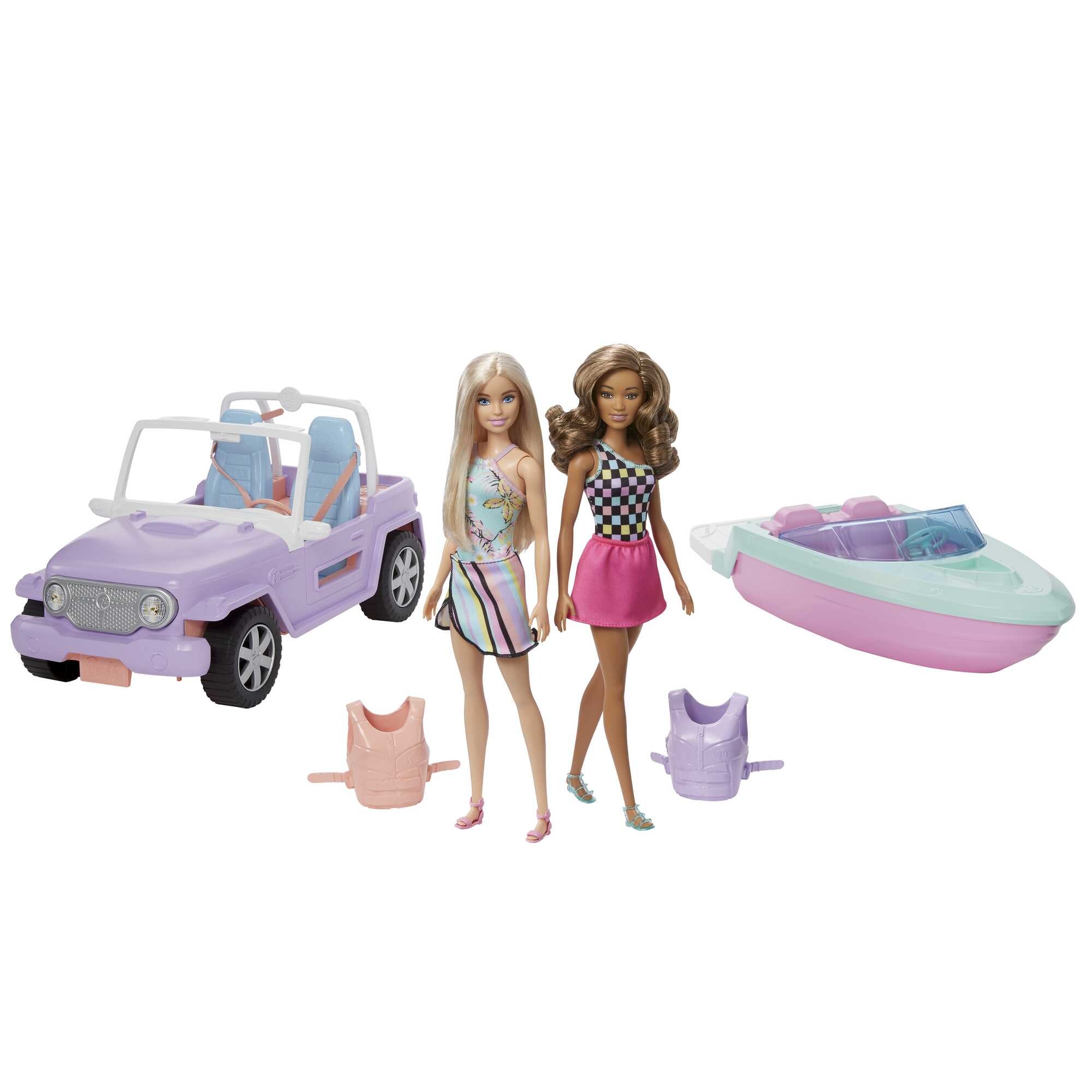 Barbie® set con 2 bambole con abiti e accessori, veicolo