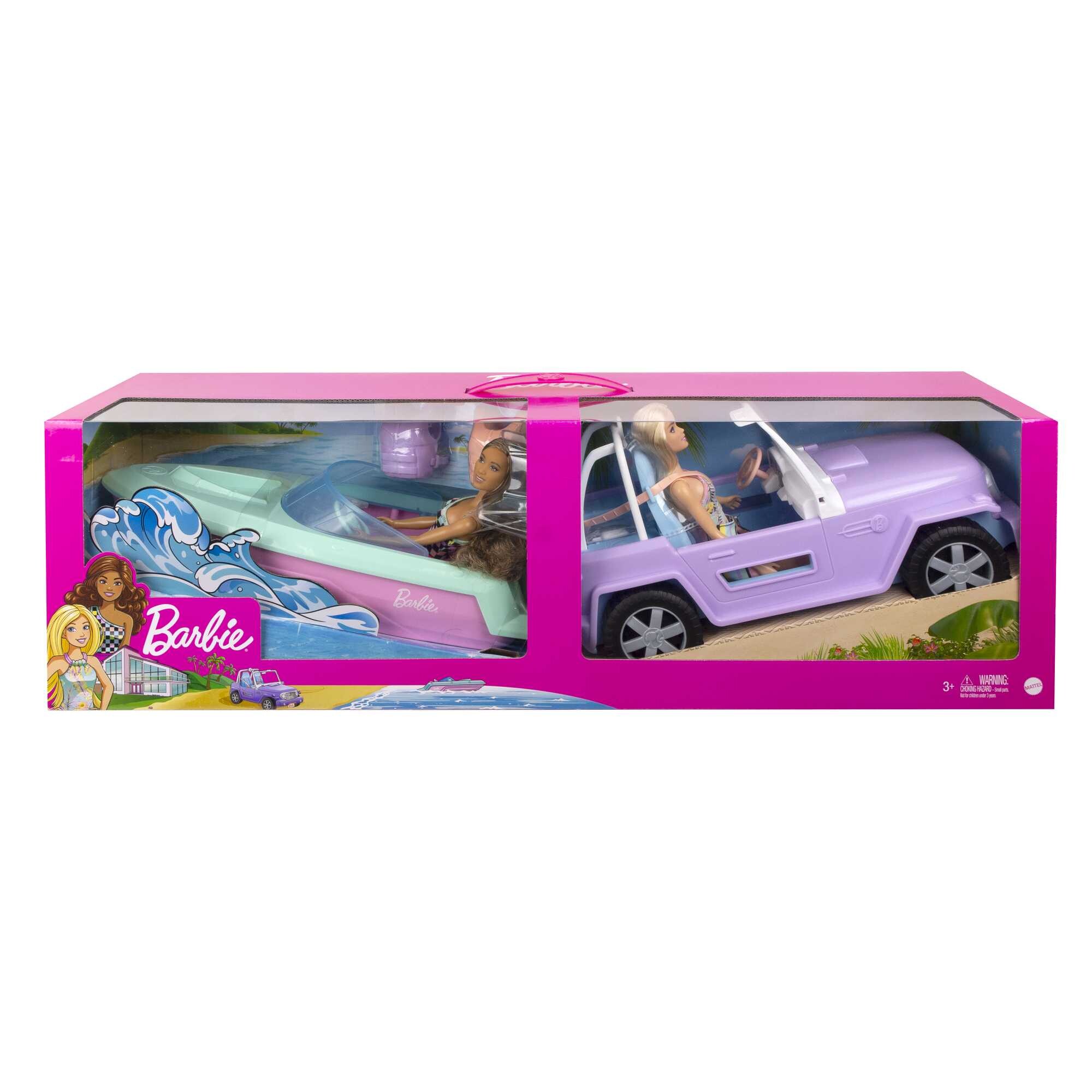 Barbie® set con 2 bambole con abiti e accessori, veicolo fuoristrada, barca galleggiante e 2 giubbotti di salvataggio - Barbie