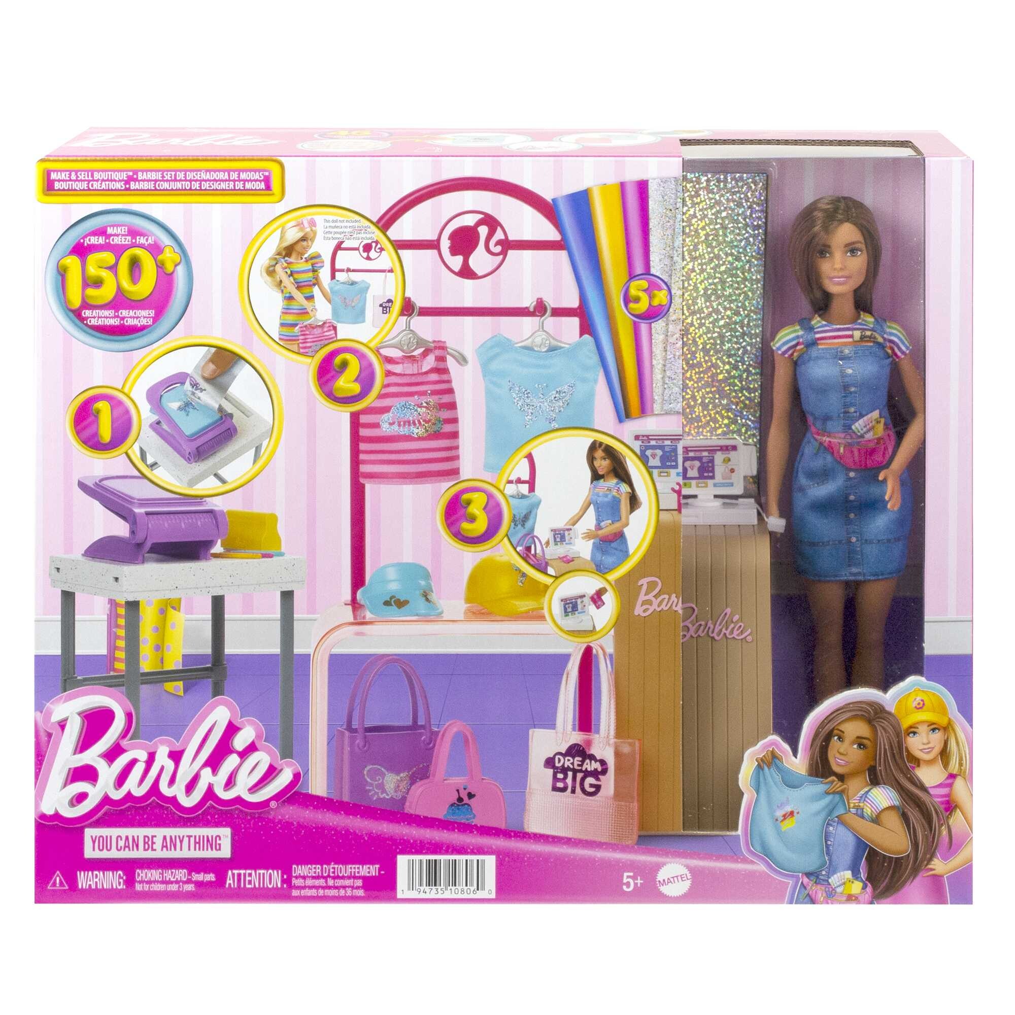 Playset barbie make & sell boutique, bambola con capelli castani, strumenti  per fogli in alluminio, abiti e accessori - Toys Center