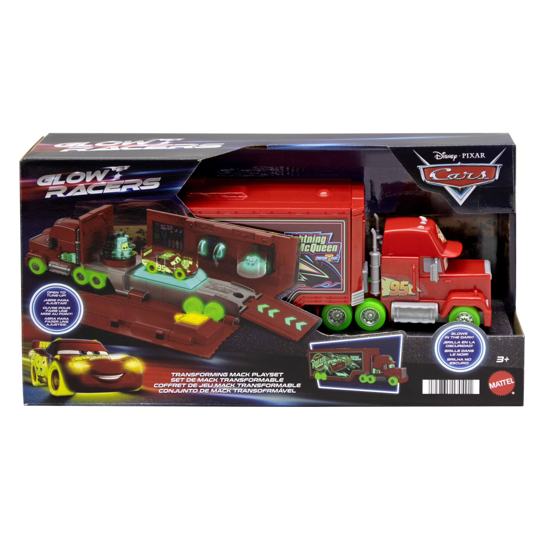 Disney pixar cars playset mack trasportatore 2 in 1 glow racers - 