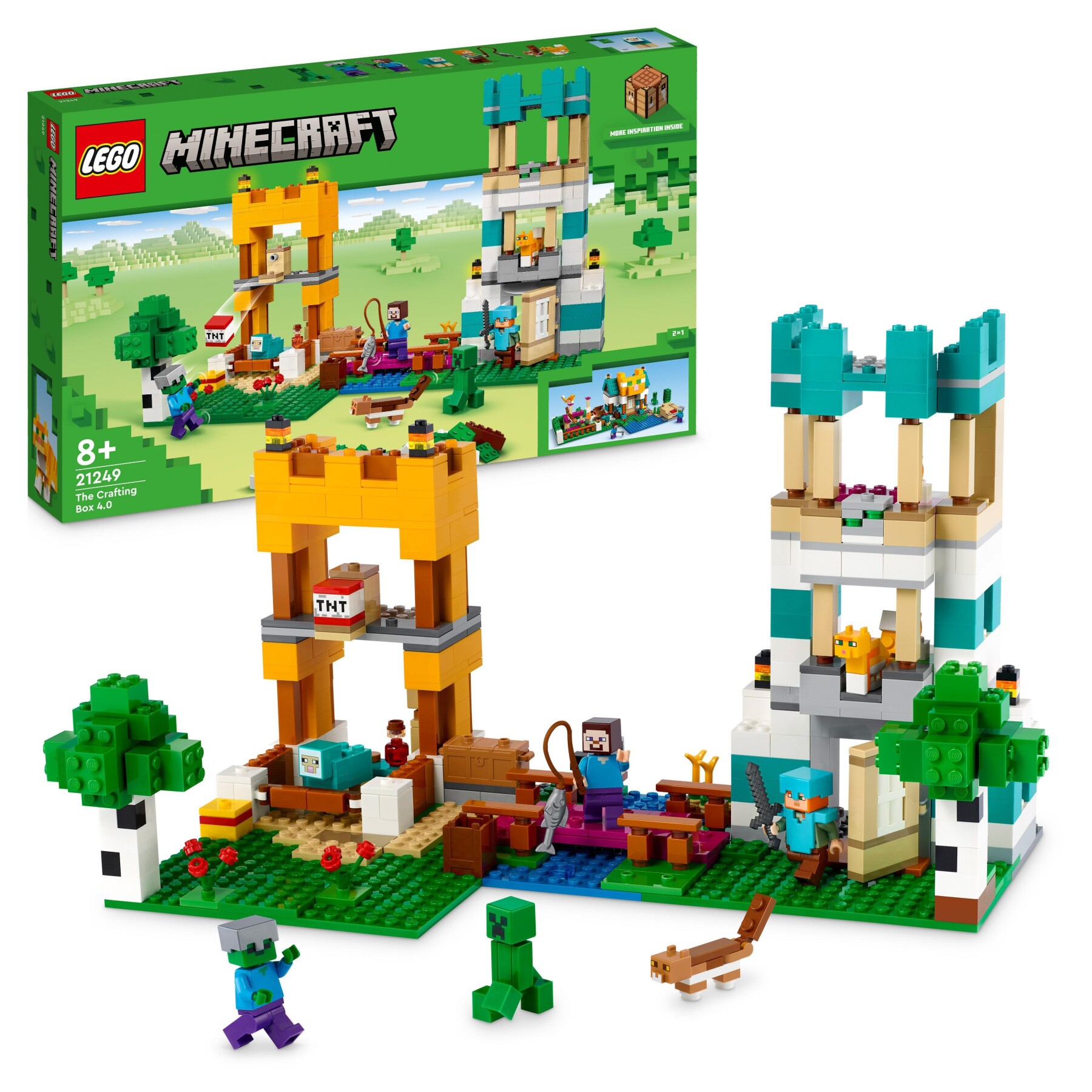 Lego 21249 minecraft crafting box 4.0, playset 2in1, torri fluviali o cottage del gatto, giocattoli d'azione per bambini e ragazzi - MINECRAFT