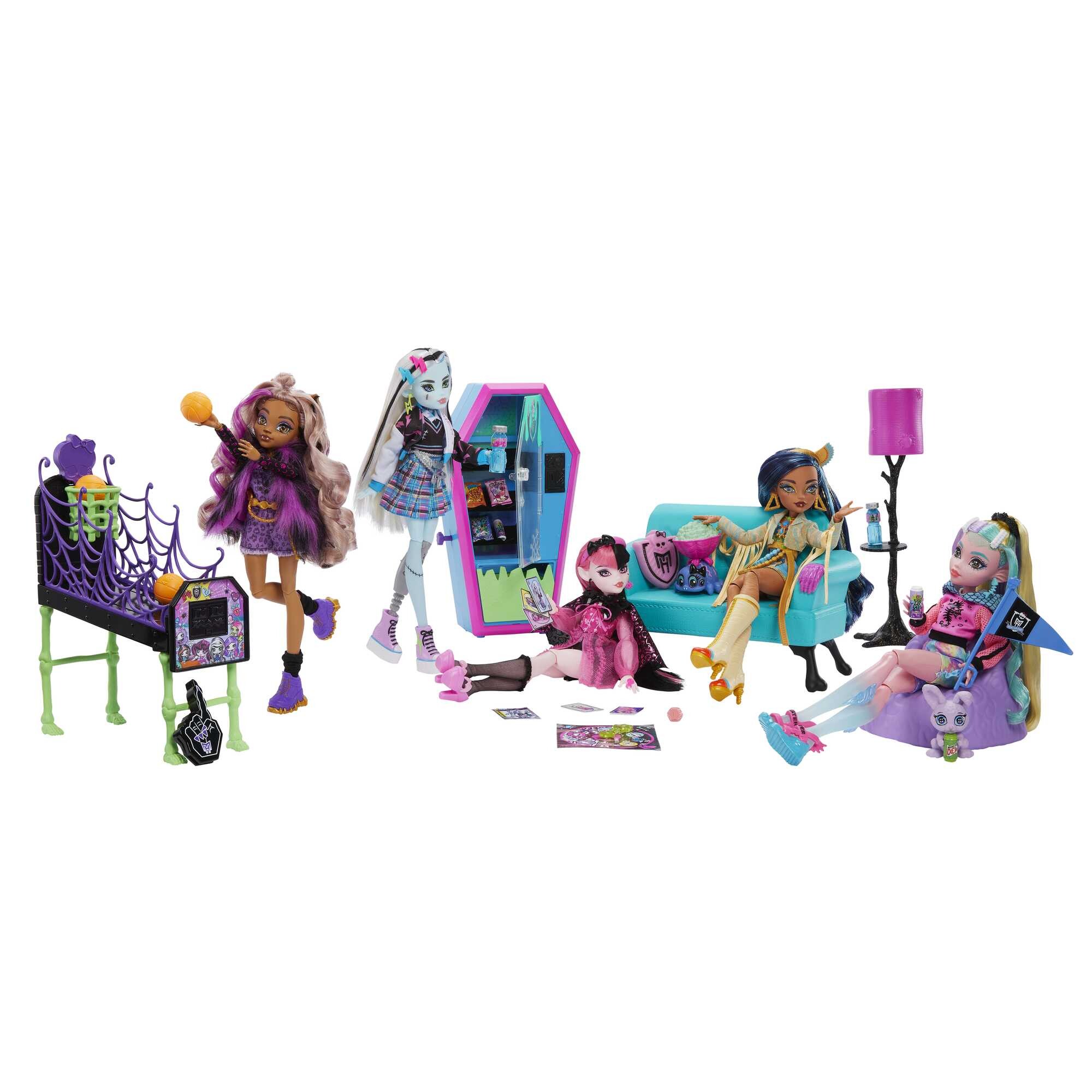 Monster high playset salone degli studenti con mobili, accessori a tema, 2 animali domestici e distributore automatico funzionante - Monster High