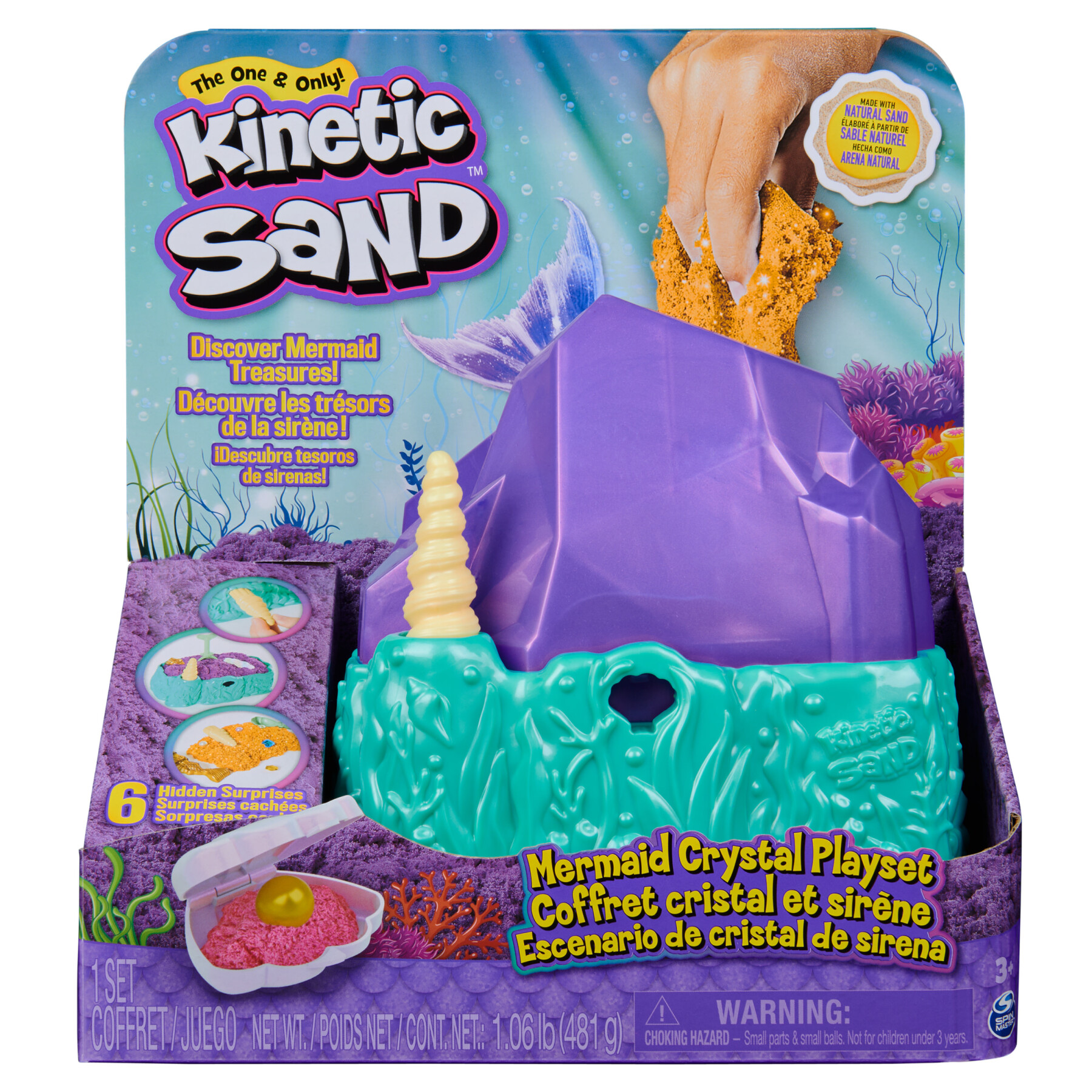 Kinetic sand, playset il cristallo della sirenetta sabbia colorata, sabbia cinetica 481 g, accessori per scavare e scoprire, giochi per bambini e bambine, 3+ anni - DISNEY PRINCESS, KINETIC SAND
