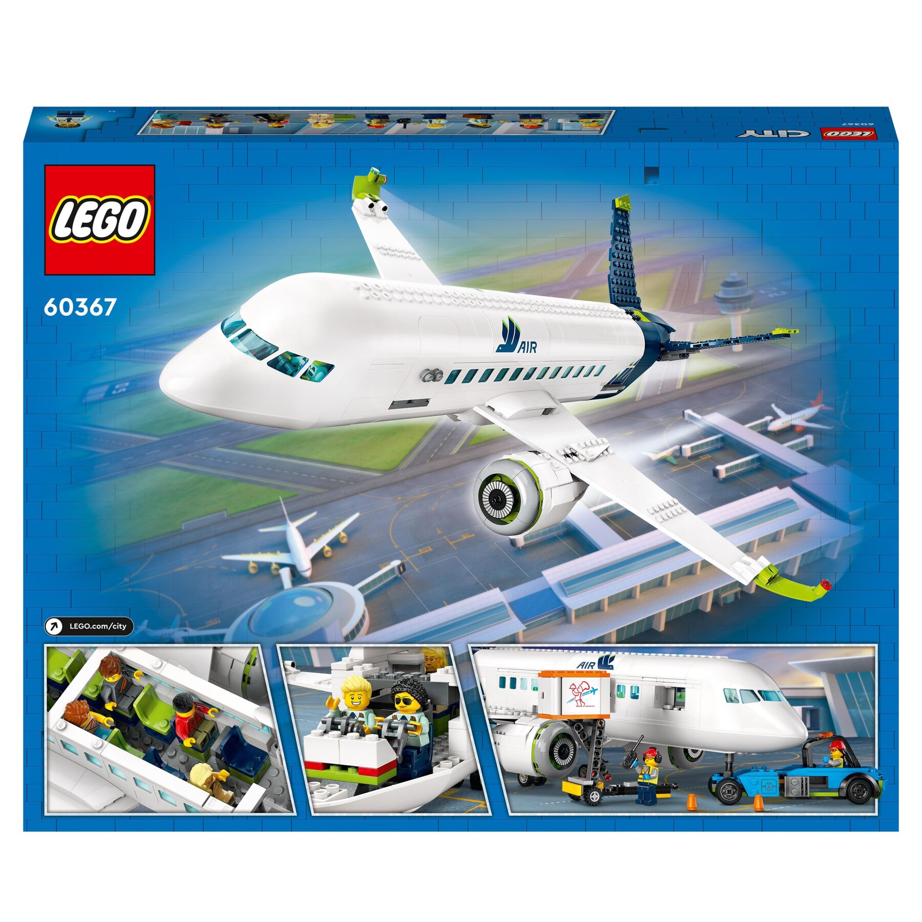 Lego city 60367 aereo passeggeri, modellino di aeroplano giocattolo da costruire con 9 minifigure e veicoli dell'aeroporto - LEGO CITY
