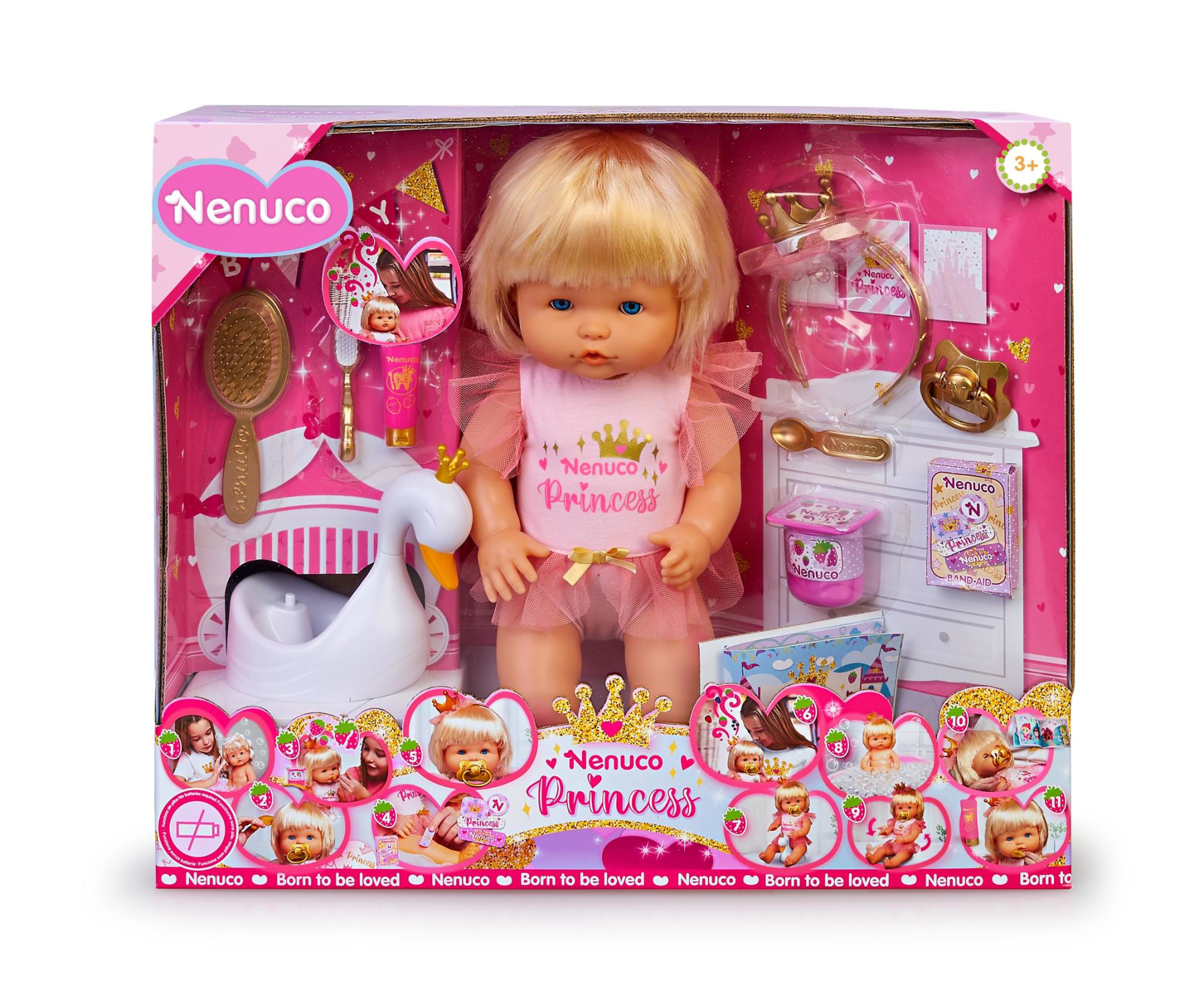 Nenuco princess, bambola 42 cm con capelli biondi e 10 accessori