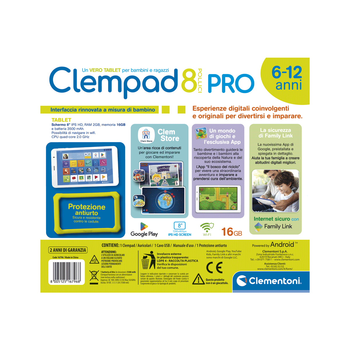 Clementoni - clempad 8" pro, tablet per bambini 6-12 anni - 