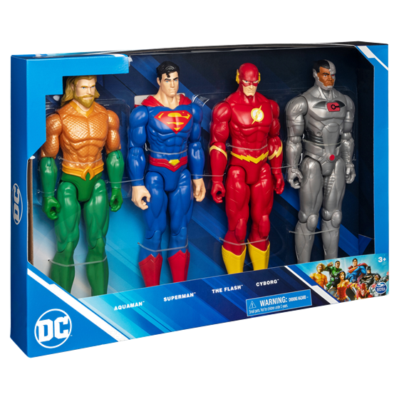 Dc comics, confezione da 4 action figure, aquaman, superman, the flash, black adam, 30 cm, giocattoli dei supereroi per bambini e bambine - DC COMICS