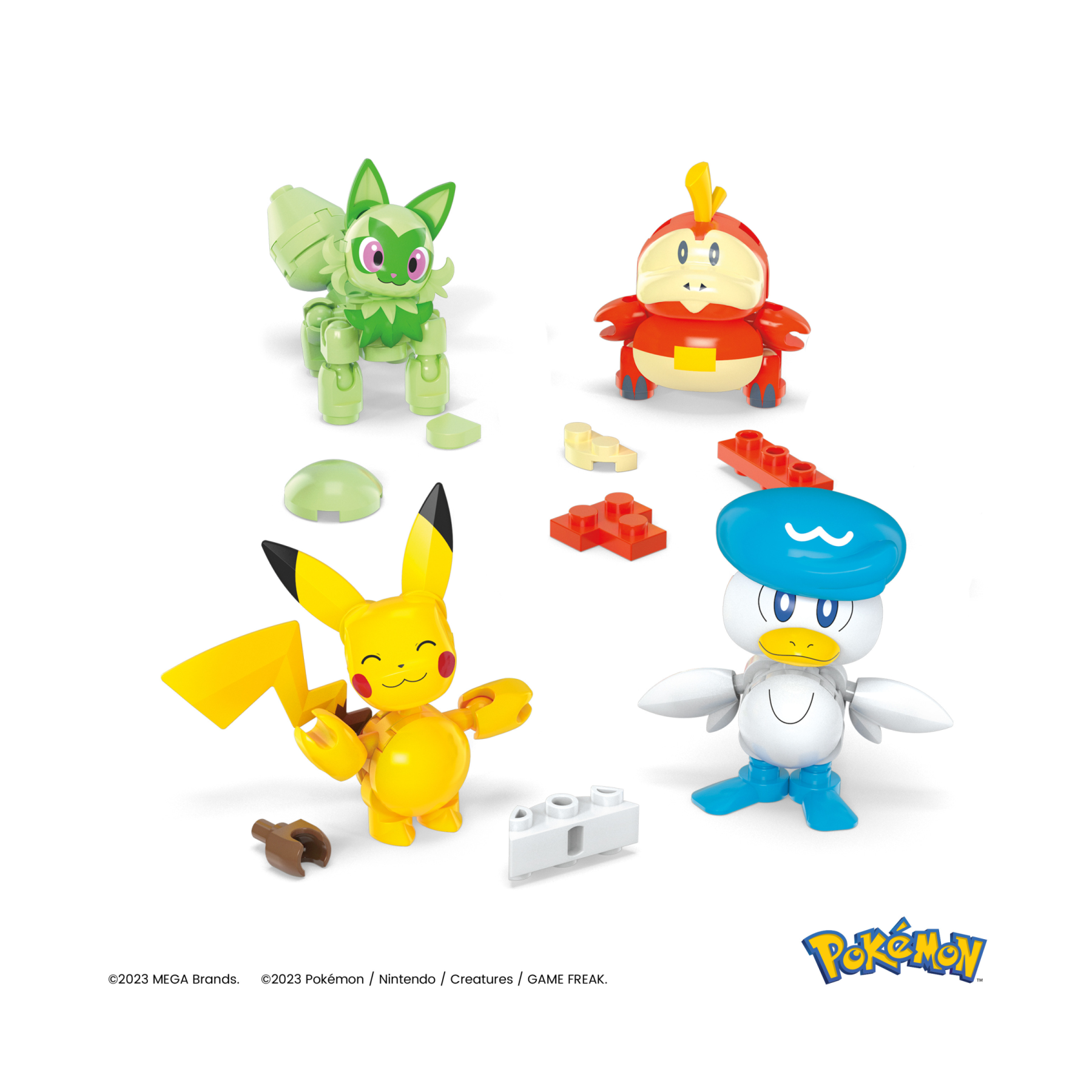 Mega pokémon - team della regione di paldea, set con 4 personaggi e 1 poké ball da costruire con 79 pezzi, include pikachu, fuecoco, sprigatito e quaxly, 6+ anni, hpx92 - POKEMON