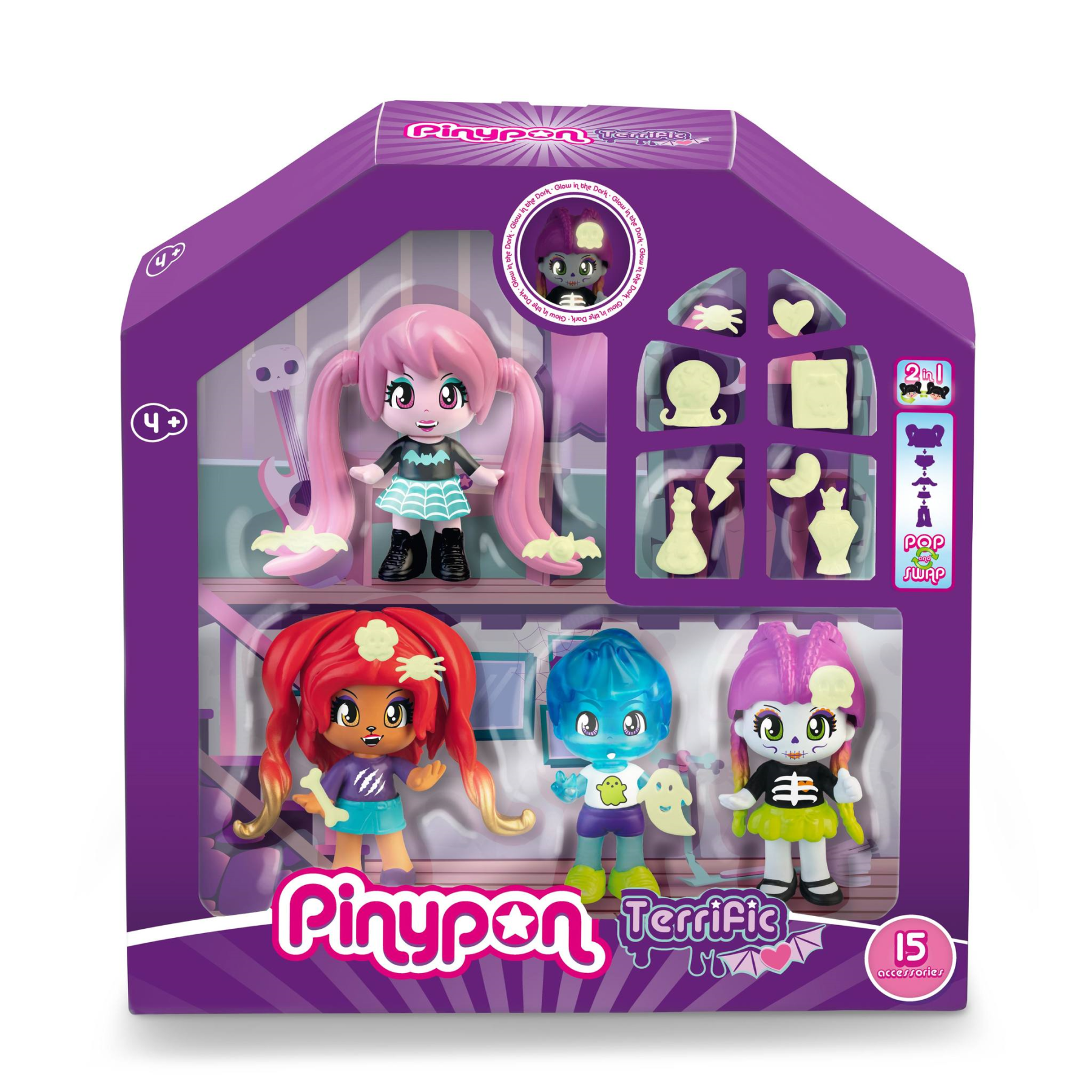 Pinypon terrific friends, quattro personaggi con accessori che brillano al buio - PINYPON