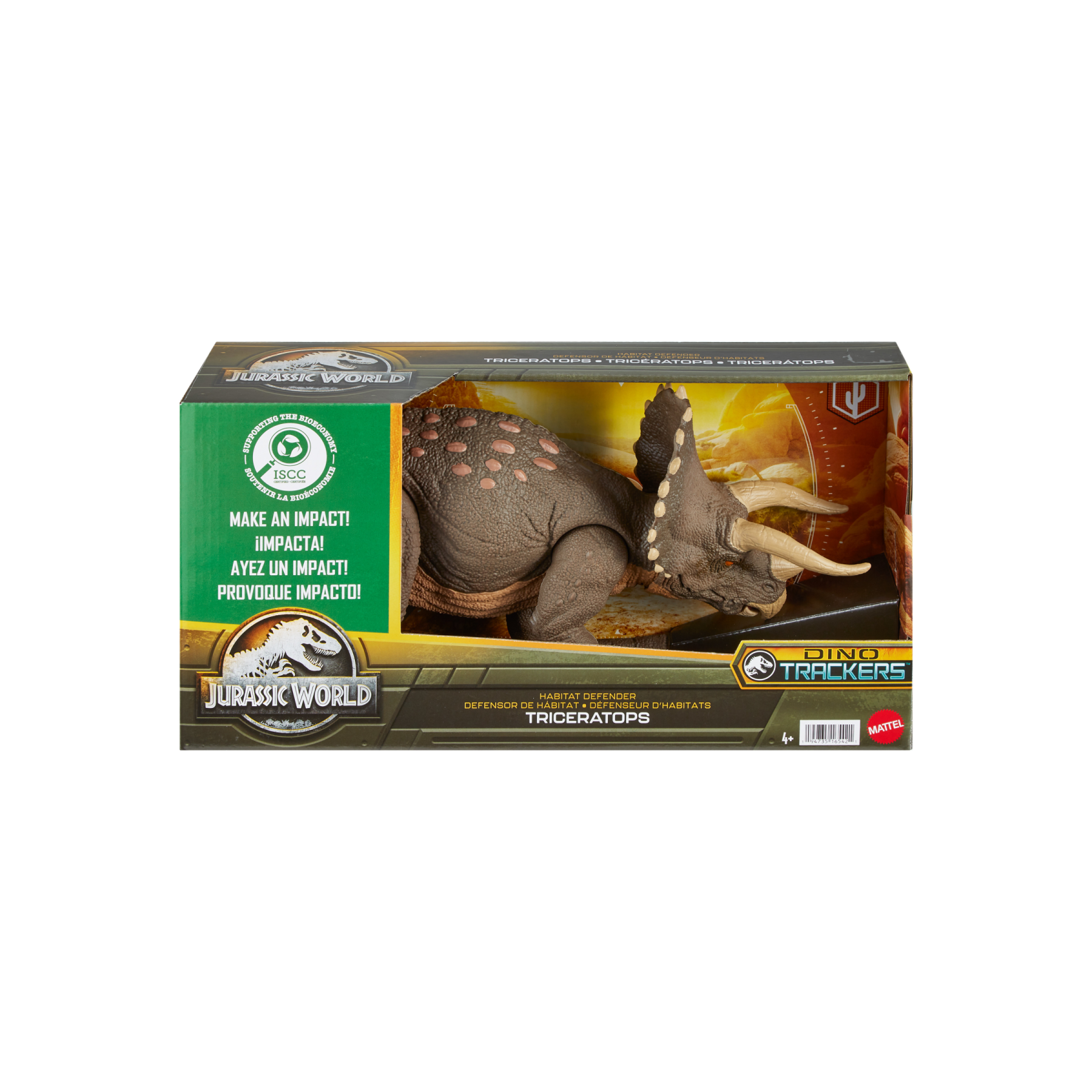 Jurassic world - triceratopo protettore dell'habitat, dinosauro lungo 43+ cm difensore del deserto, realizzato per il 60% in plastica riciclata, 4+ anni, hpp88 - Jurassic World