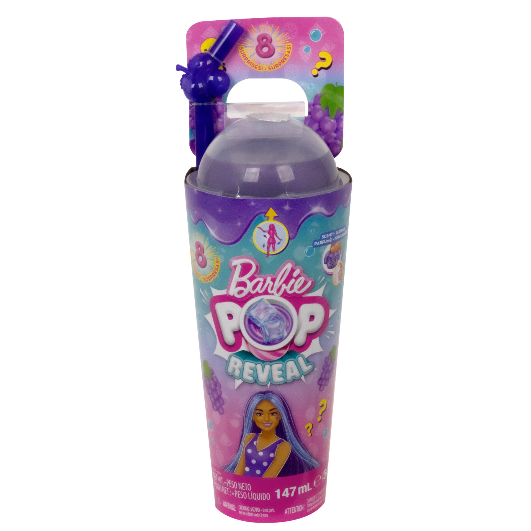 ​barbie pop! reveal serie frutta bambola, tema spuma d'uva con 8 sorprese tra cui cucciolo e accessori slime - Barbie