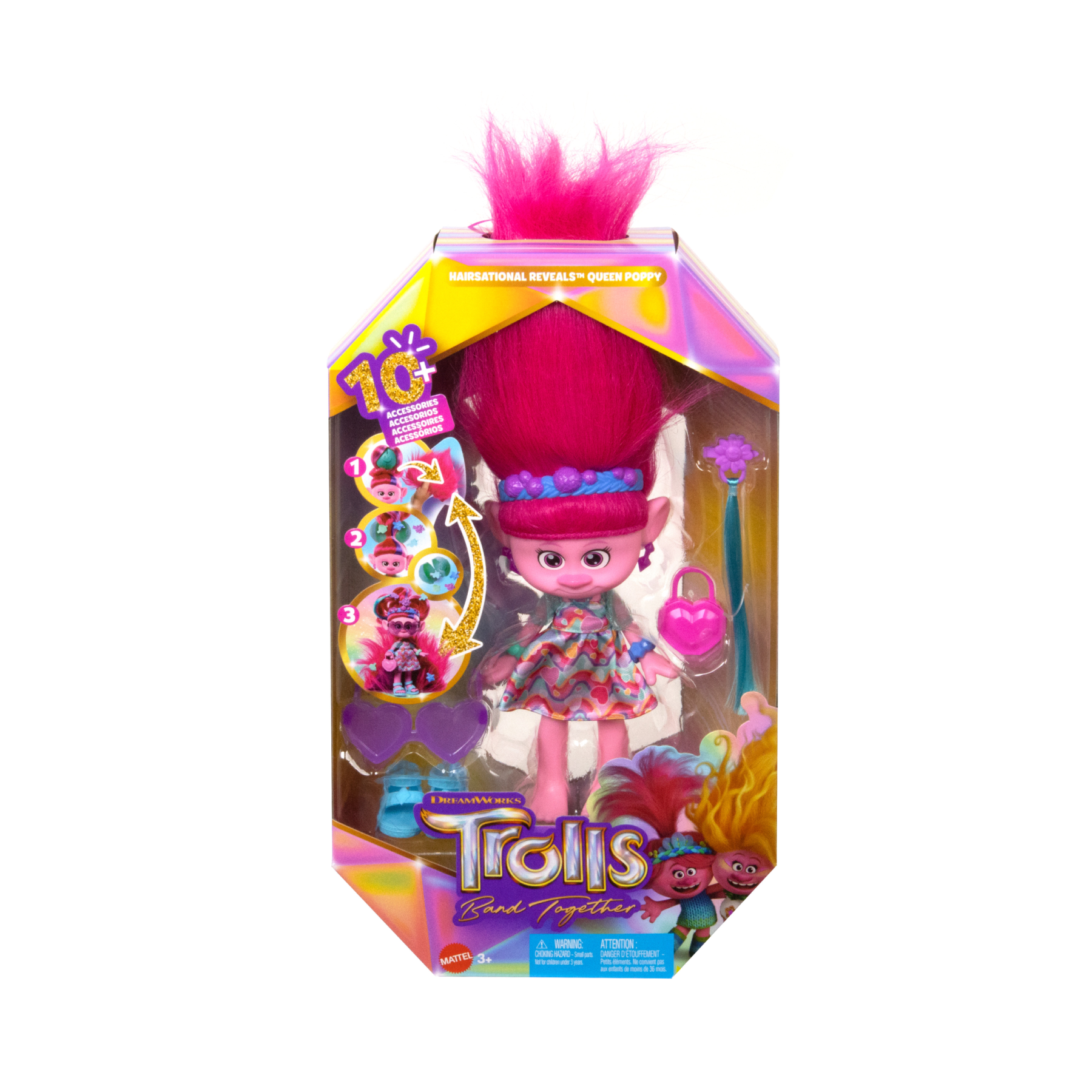 Dreamworks trolls tutti insieme - regina poppy magiche acconciature, bambola con capelli di peluche trasformabili, abiti e 15+ accessori, look ispirato al film, 3+ anni, hnf16 - Trolls