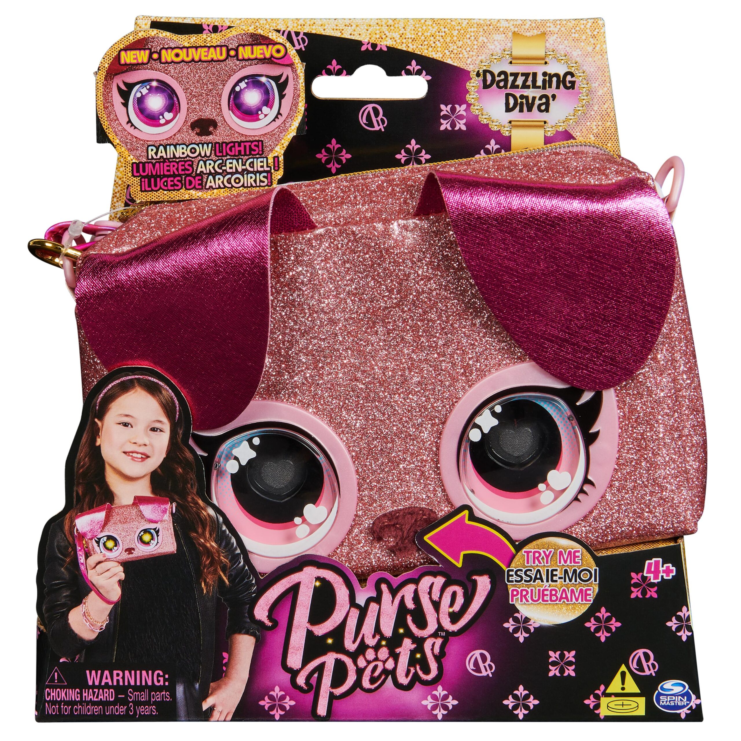 Purse pets, mini borsetta rosa con occhi arcobaleno che si illuminano, giocattoli per bambine dai 4 anni in su - PURSE PETS