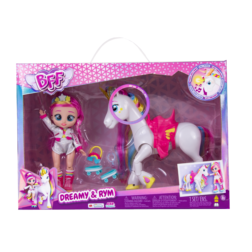 Bff talents dreamy & rym, bambola con accessori alla moda e unicorno con criniera arcobaleno e corno che si illumina e suona - CRY BABIES