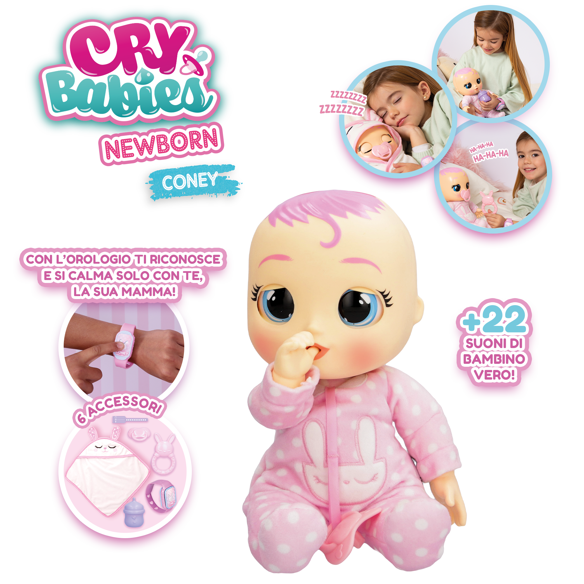 Cry babies newborn coney, bambola interattiva di una vera neonata, mangia, piange e si calma e ride solo con te, grazie al braccialetto elettronico - CRY BABIES