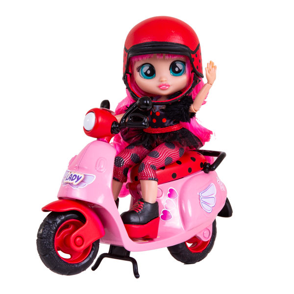 Bff lady con scooter, bambola alla moda, capelli lunghi e colorati e accessori con scooter super fashion a ruote girevoli - CRY BABIES