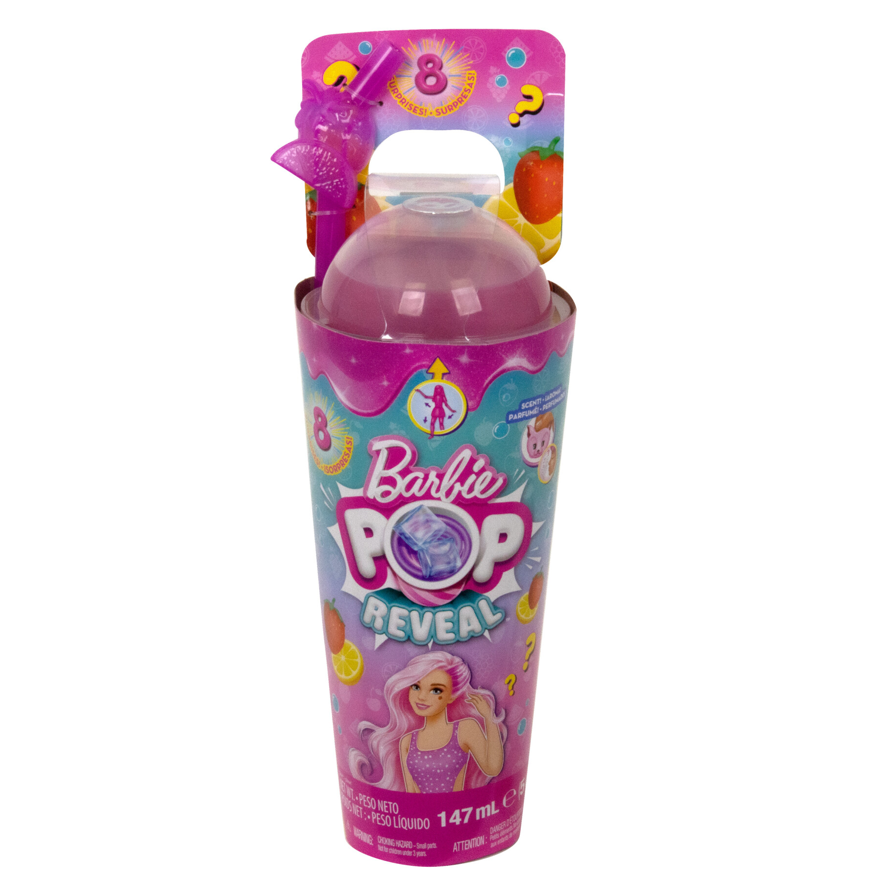 ​barbie pop! reveal serie frutta bambola, tema limonata di fragole con 8 sorprese tra cui cucciolo e accessori slim - Barbie