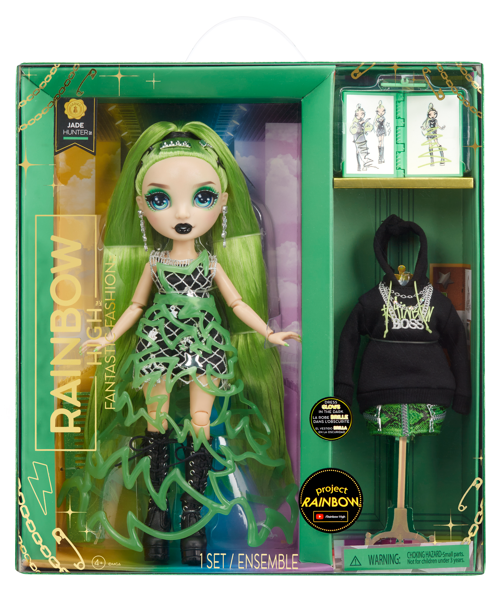 Rainbow high fantastic fashion doll - jade hunter - bambola alla moda verde e set da gioco con 2 abiti e accessori moda - Rainbow High