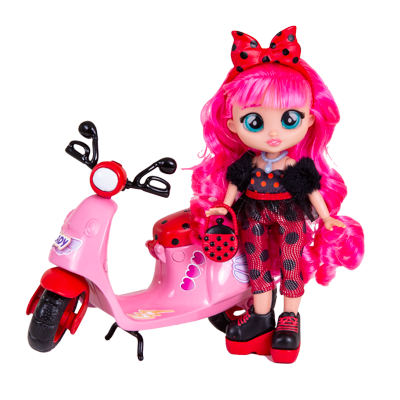Bff lady con scooter, bambola alla moda, capelli lunghi e colorati e accessori con scooter super fashion a ruote girevoli - CRY BABIES