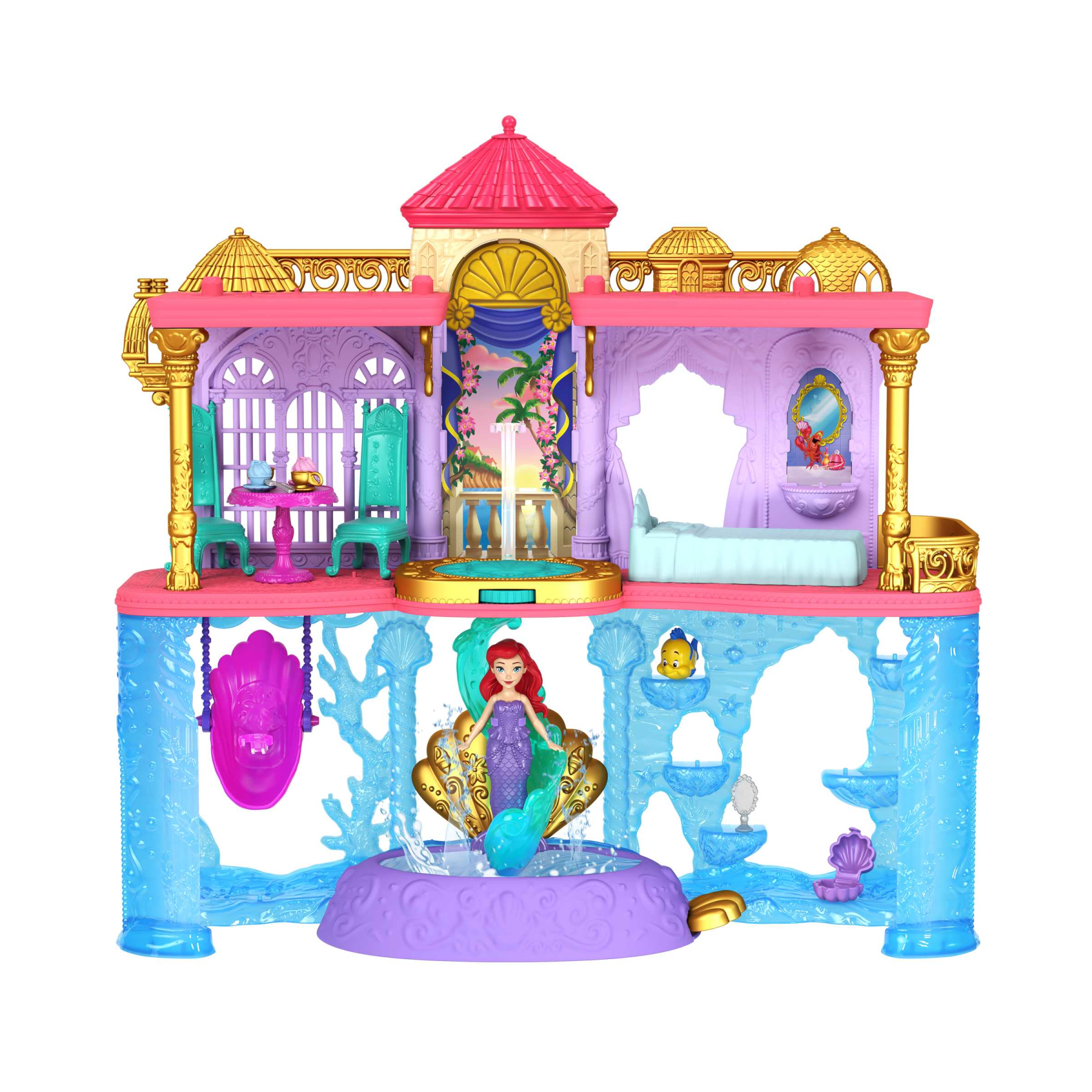 ​disney princess - il castello dei due mondi di ariel, set componibile ispirato al film disney, mini bambola e 1 amico, 12 accessori, 6 aree gioco e piscina, 3+ anni, hlw95 - DISNEY PRINCESS