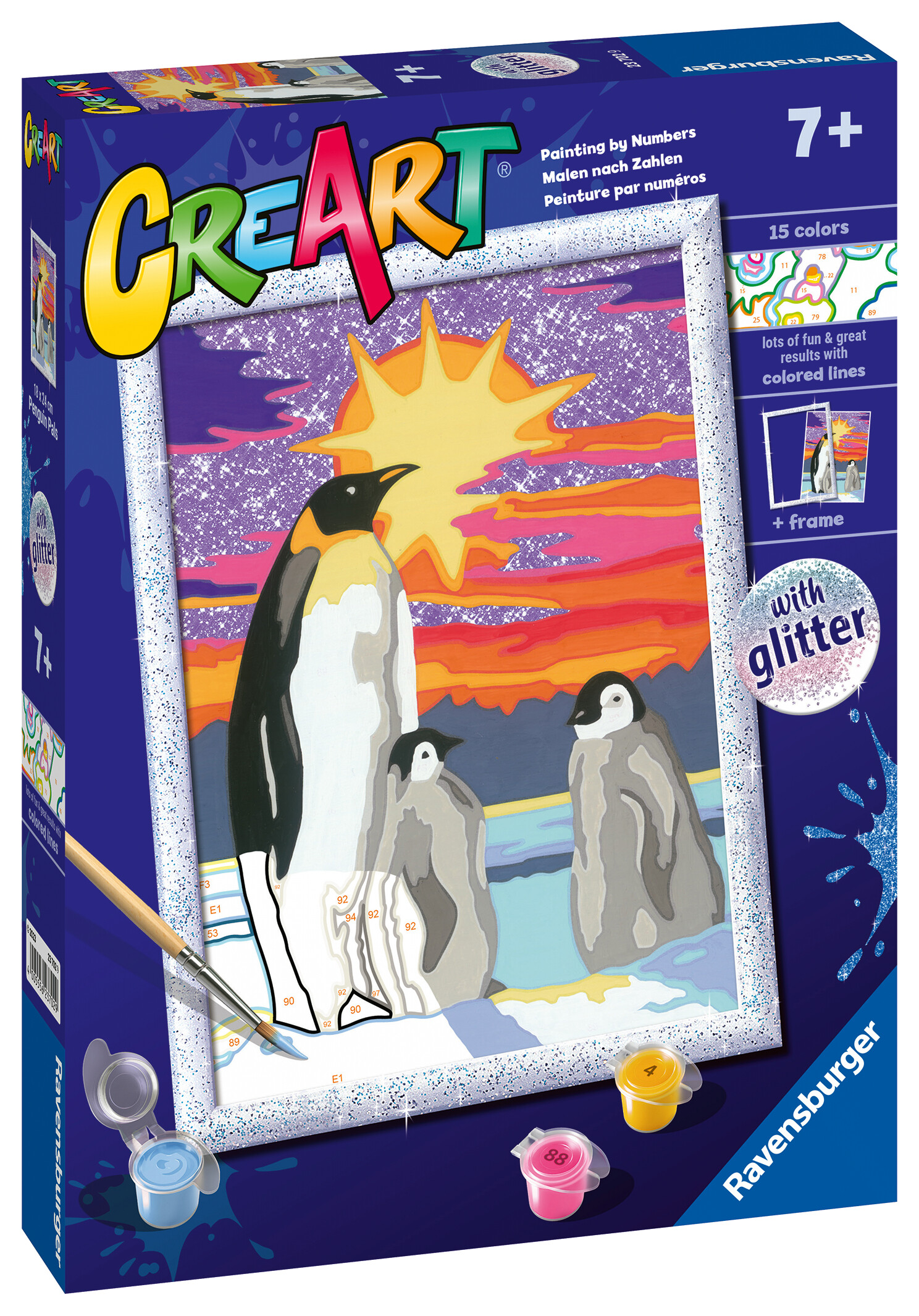 Ravensburger - creart serie d: pinguini, kit per dipingere con i numeri, contiene una tavola prestampata, pennello, colori e accessori, gioco creativo per bambini 9+ anni - RAVENSBURGER