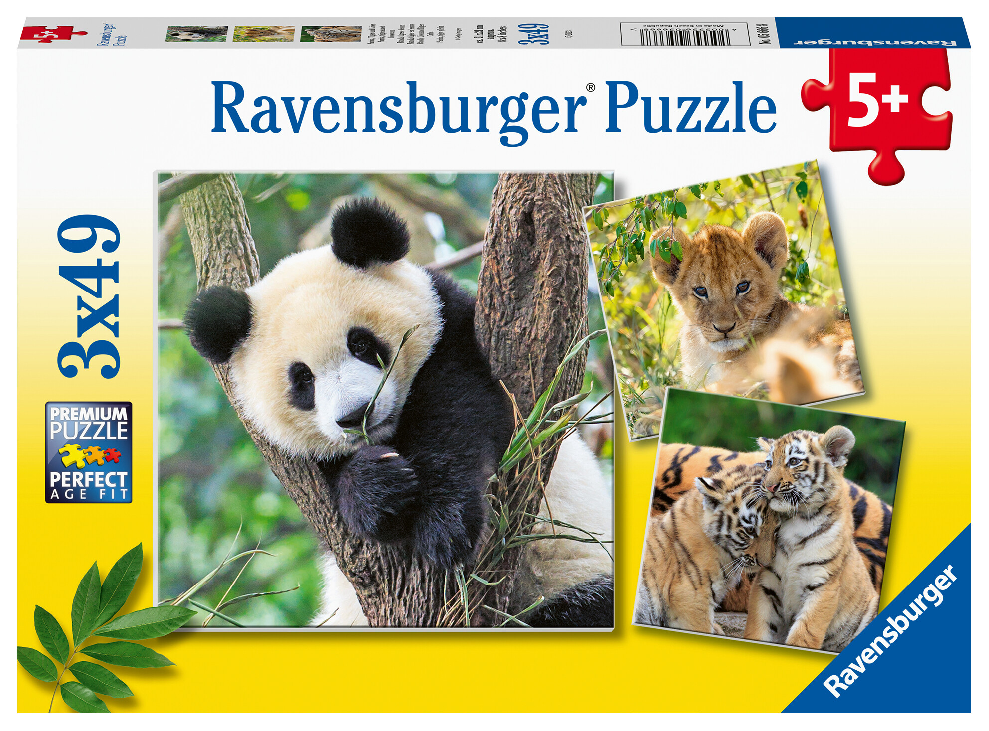 Ravensburger - puzzle panda, tigre e leone, collezione 3x49, 3 puzzle da 49 pezzi, età raccomandata 5+ anni - RAVENSBURGER