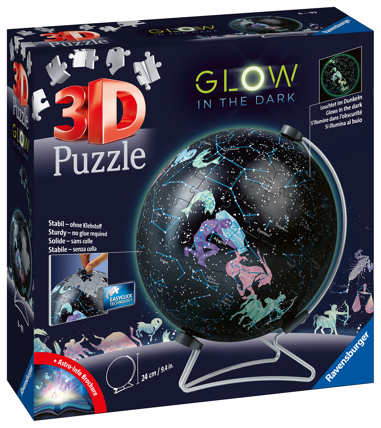Ravensburger - 3d puzzle globo glow in the dark - costellazioni, impara al geografia in inglese, 180 pezzi, 6+ anni - RAVENSBURGER 3D PUZZLE