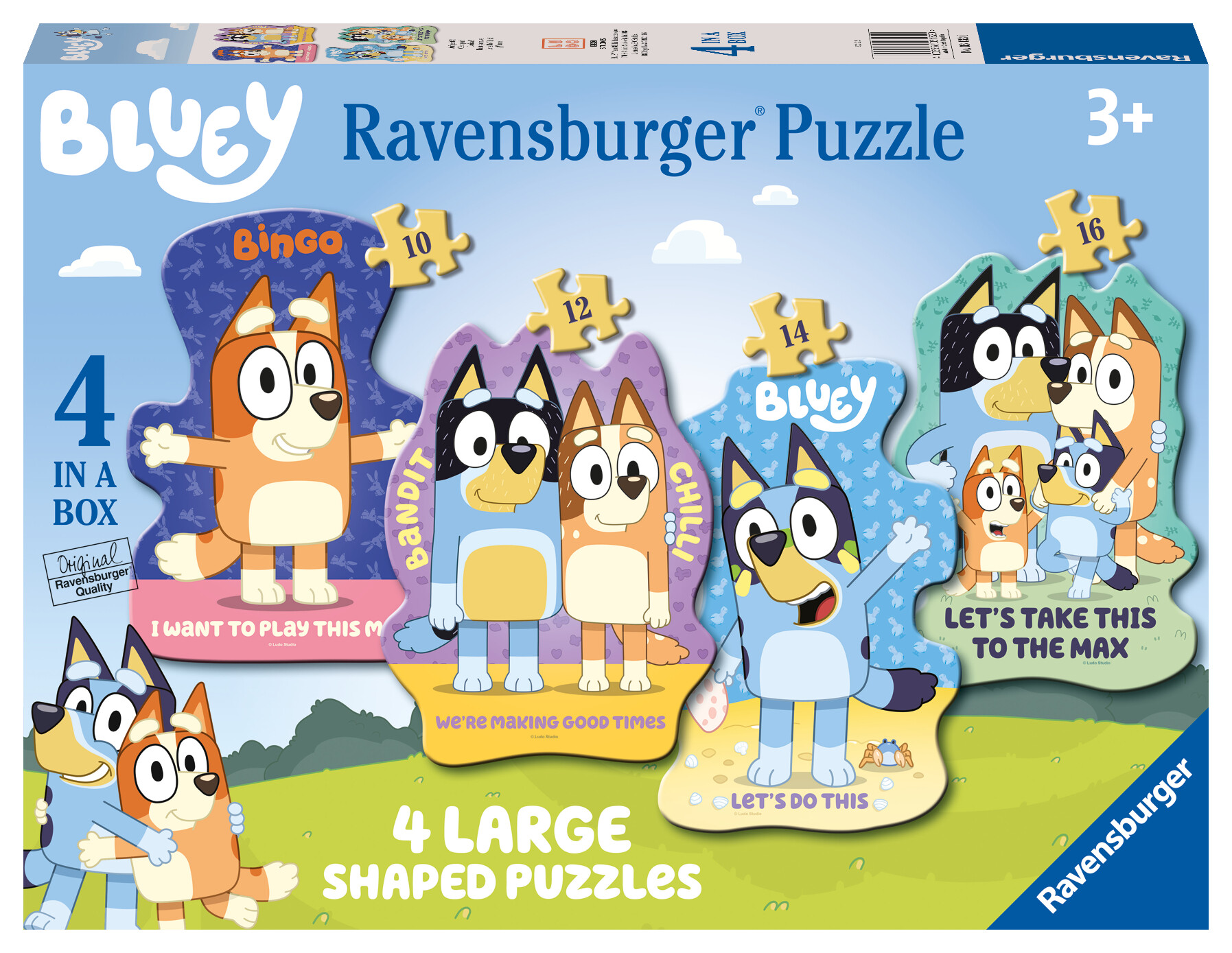 Ravensburger - puzzle bluey, collezione shaped 4 in a box, 4 puzzle da 10-12-14-16 pezzi, età raccomandata 3+ anni - RAVENSBURGER